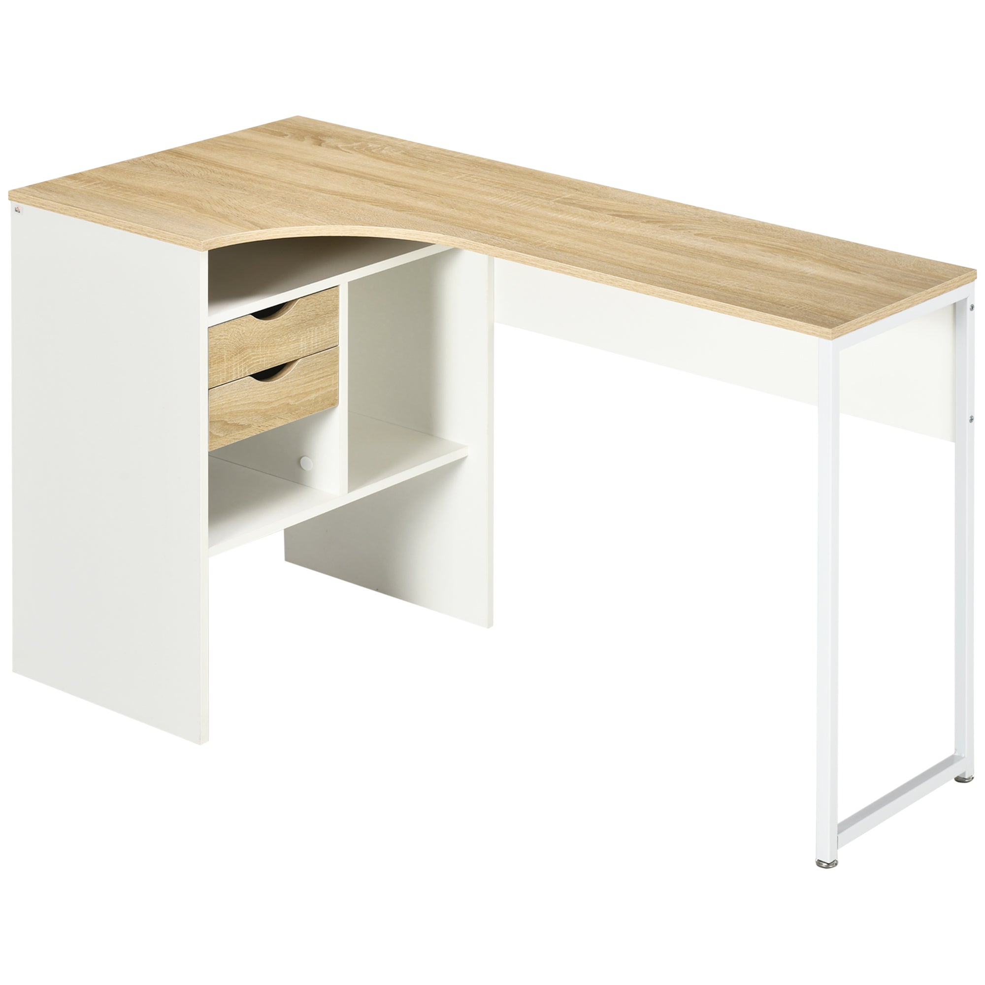 Corner Computer Desk Office Desk with Multi-Storage Drawers in Light Oak White Wood