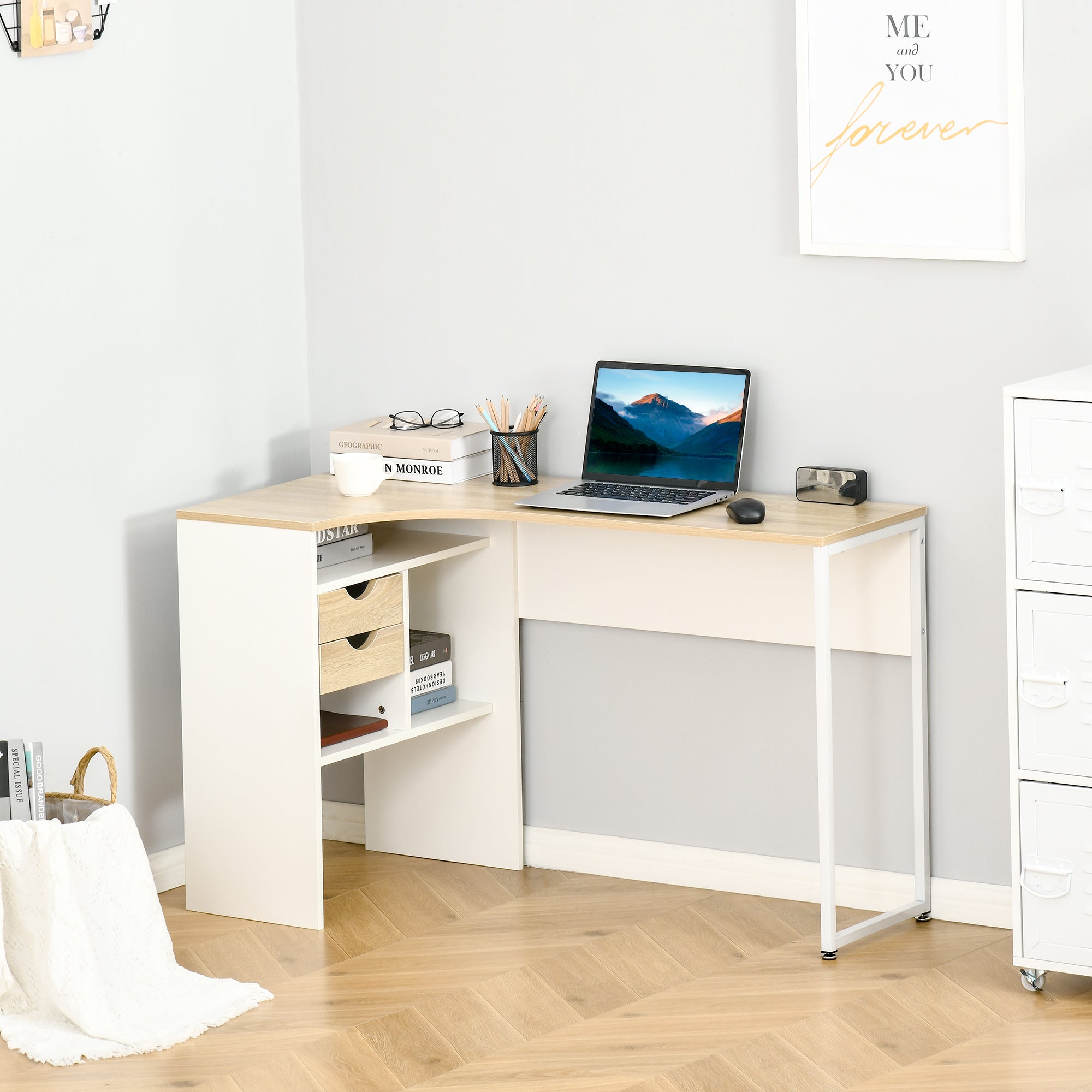 Corner Computer Desk Office Desk with Multi-Storage Drawers in Light Oak White Wood