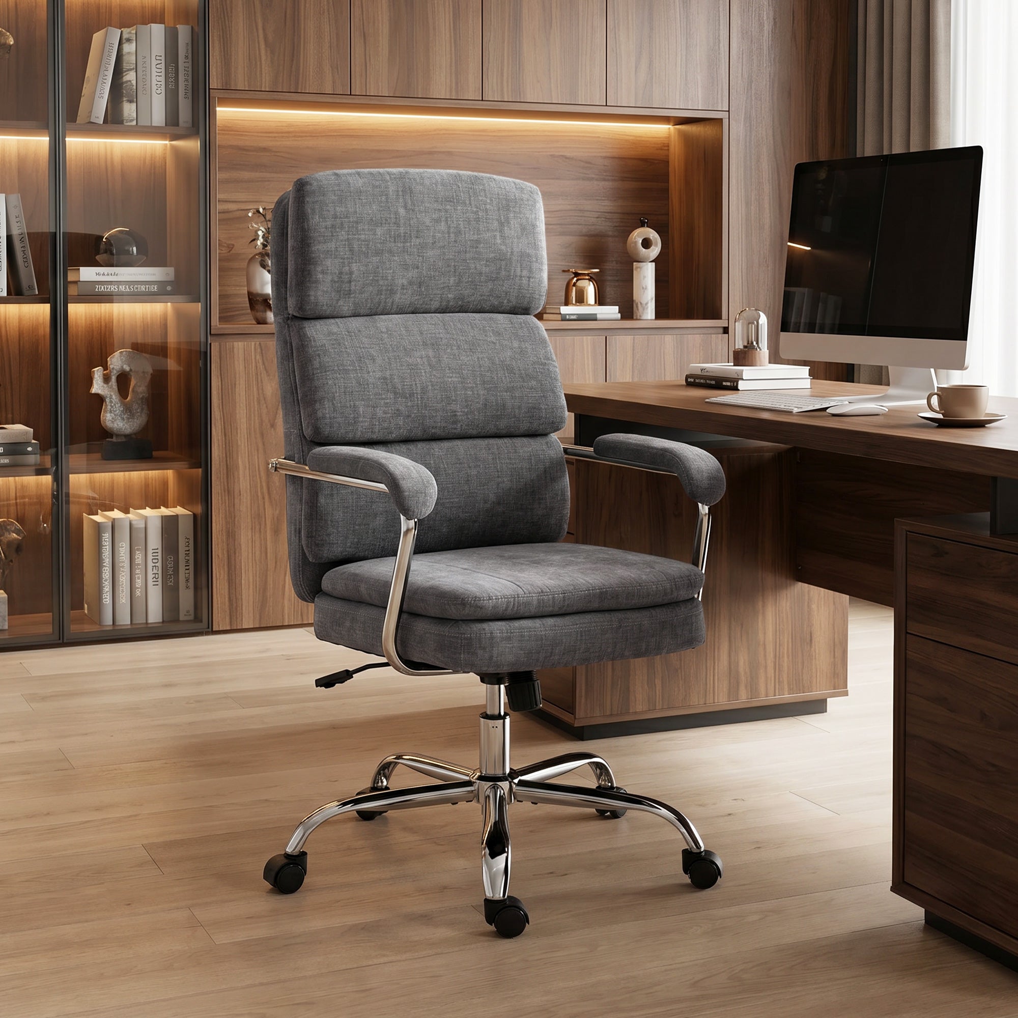 Ergonomic Chenille Office Chair with Padded Armrests, Adjustable Height & Tilt, 360° Swivel, Gray