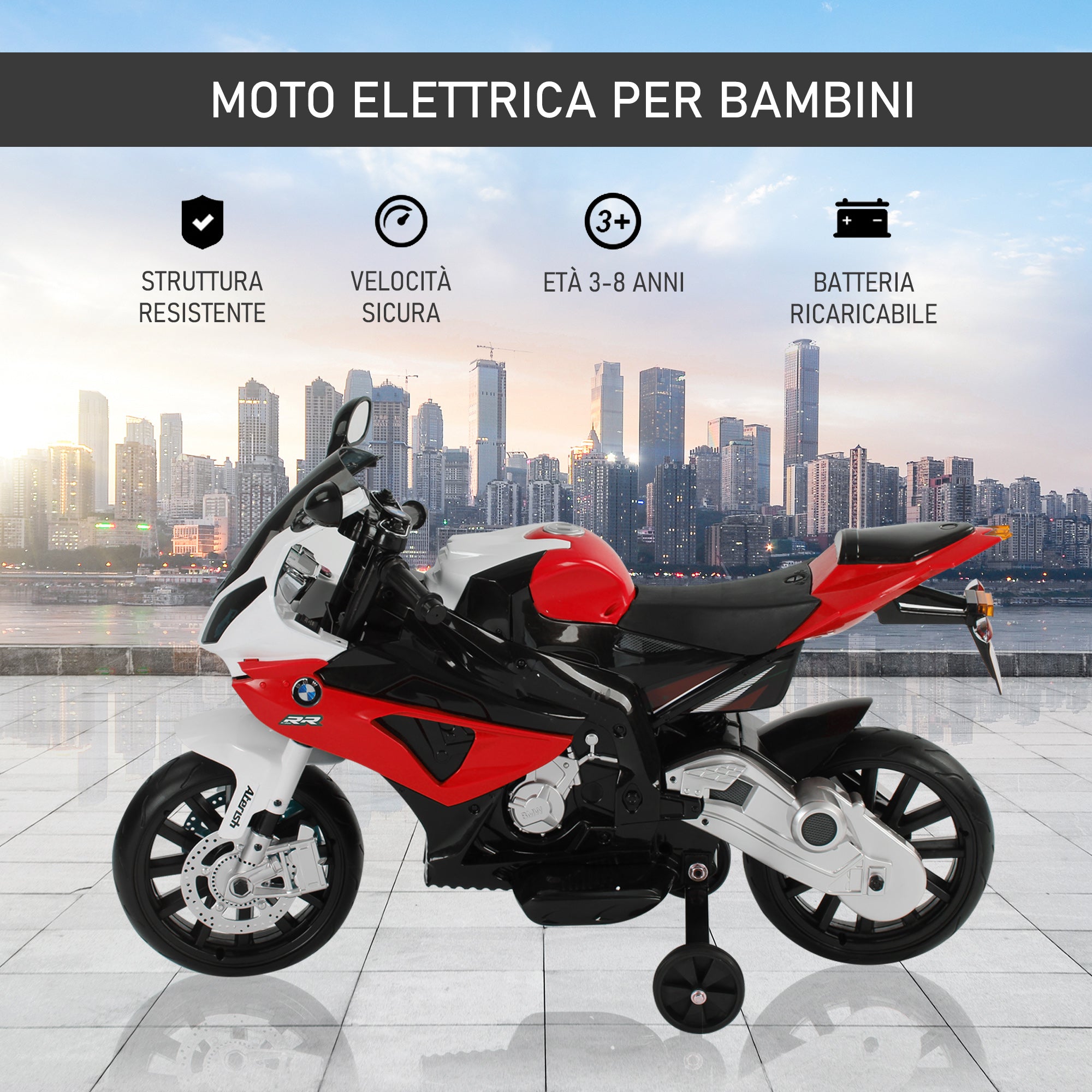 Kids Electric Motorcycle 3-8 Years with BMW License, Speed 2.5-5Km/h, Electric Motorcycle with 12V Battery, Wheels and Lights, 110x47x69 cm, Black and Red