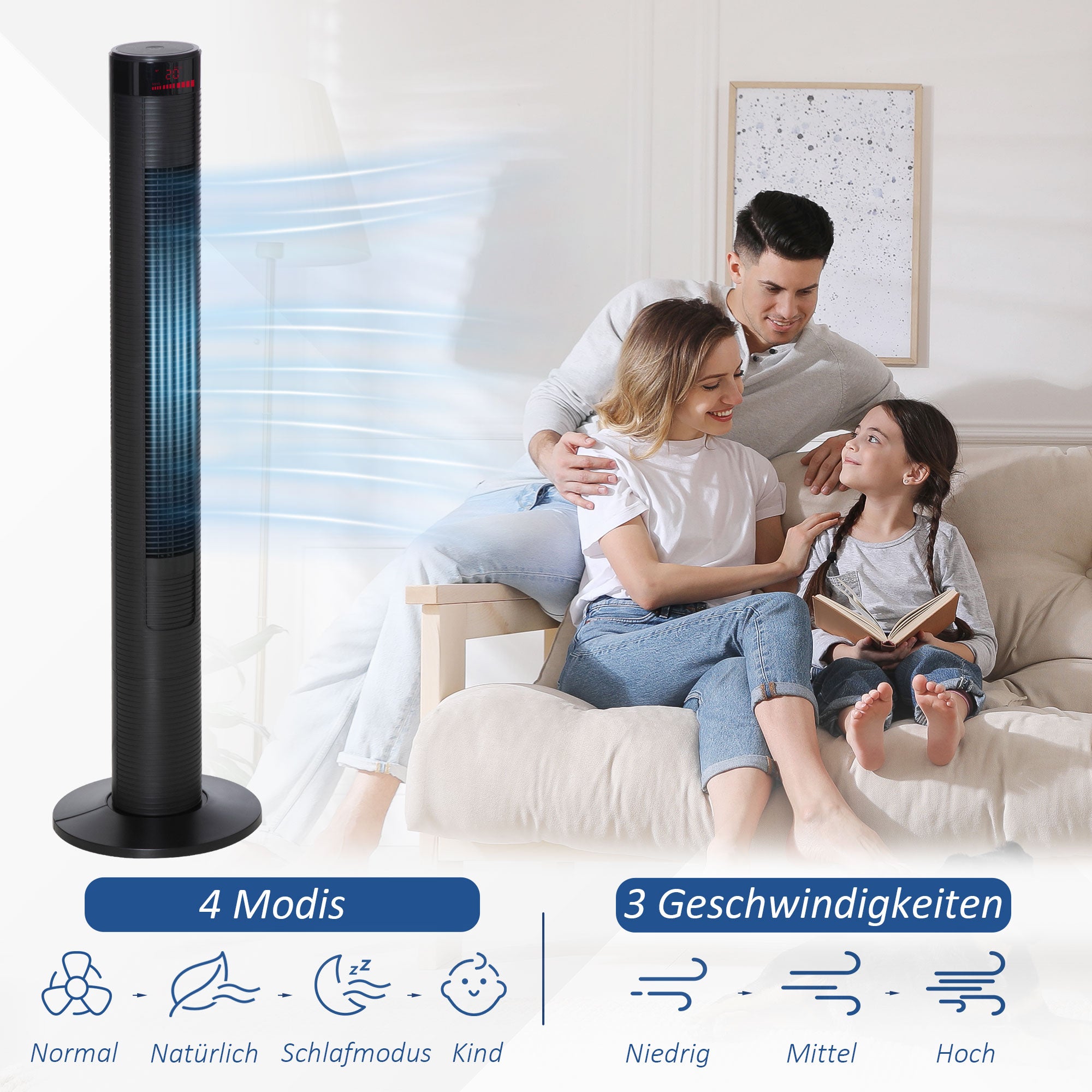 Tower Fan Quiet with Remote Control 117 cm 70° Oscillating Floor Fan with 4 Modes, 3 Speeds, 12 Hr Timer, LED Display, Black