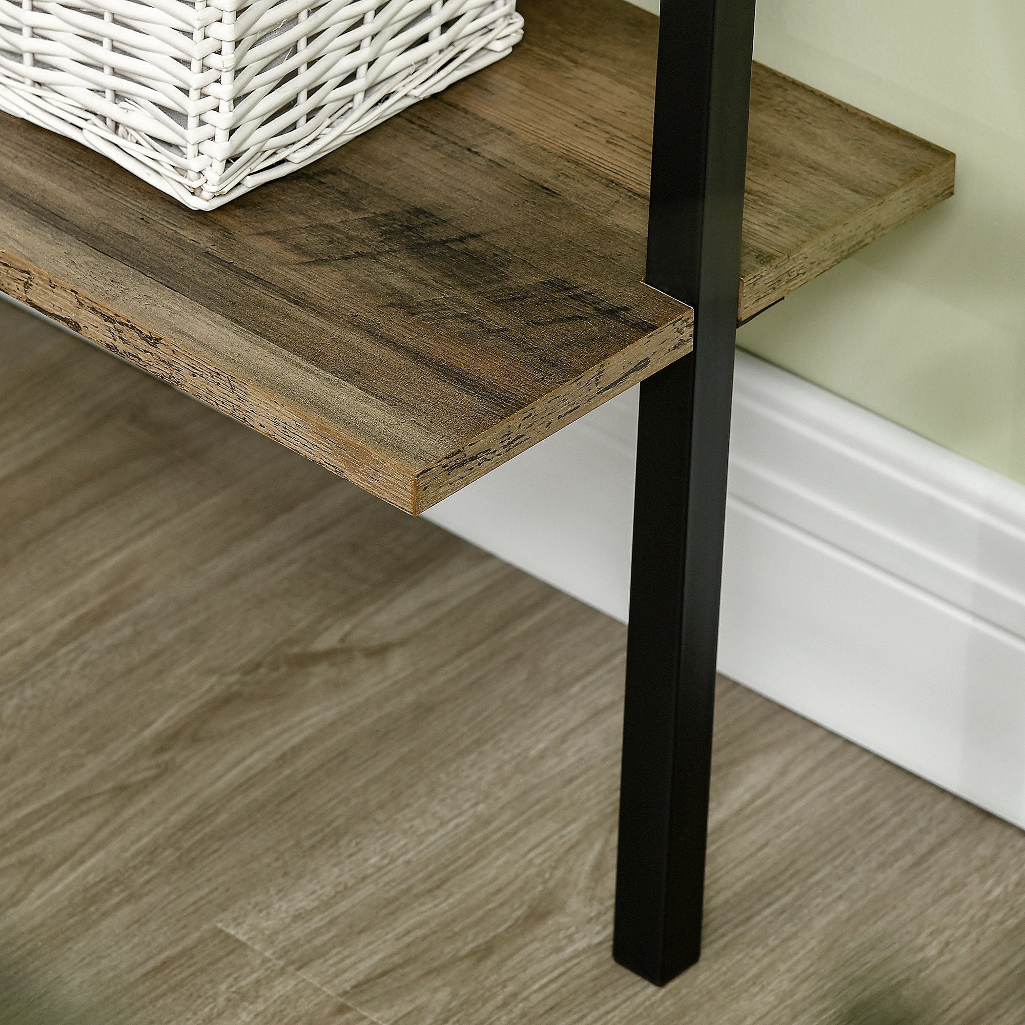 5-Shelf Industrial Style Leaning Wall Bookcase, Wall Mounted Wood and Metal Bookshelf, 60x30x184.5cm, Brown