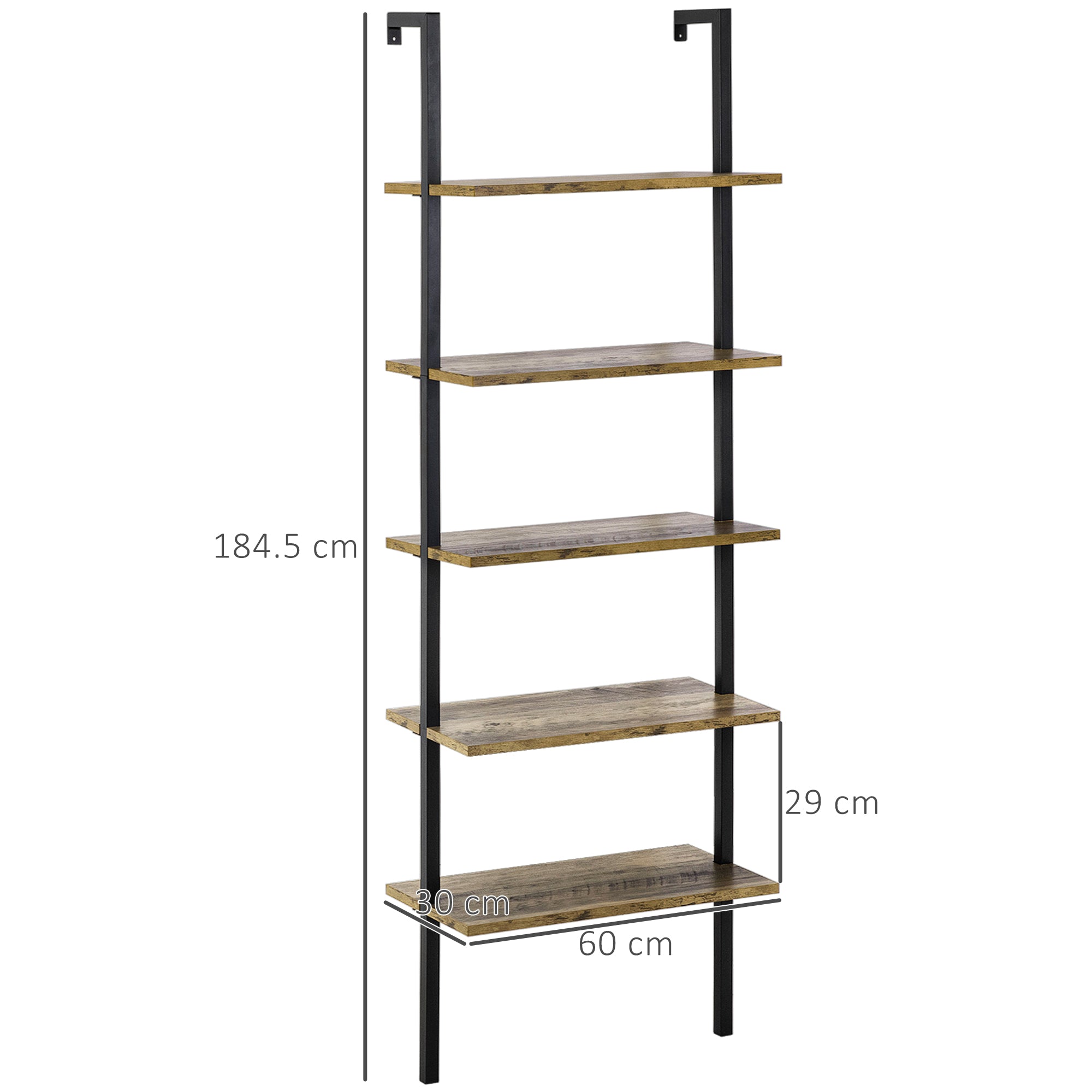 5-Shelf Industrial Style Leaning Wall Bookcase, Wall Mounted Wood and Metal Bookshelf, 60x30x184.5cm, Brown