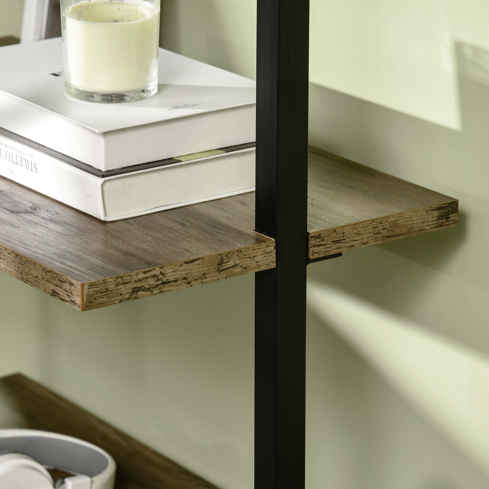 5-Shelf Industrial Style Leaning Wall Bookcase, Wall Mounted Wood and Metal Bookshelf, 60x30x184.5cm, Brown