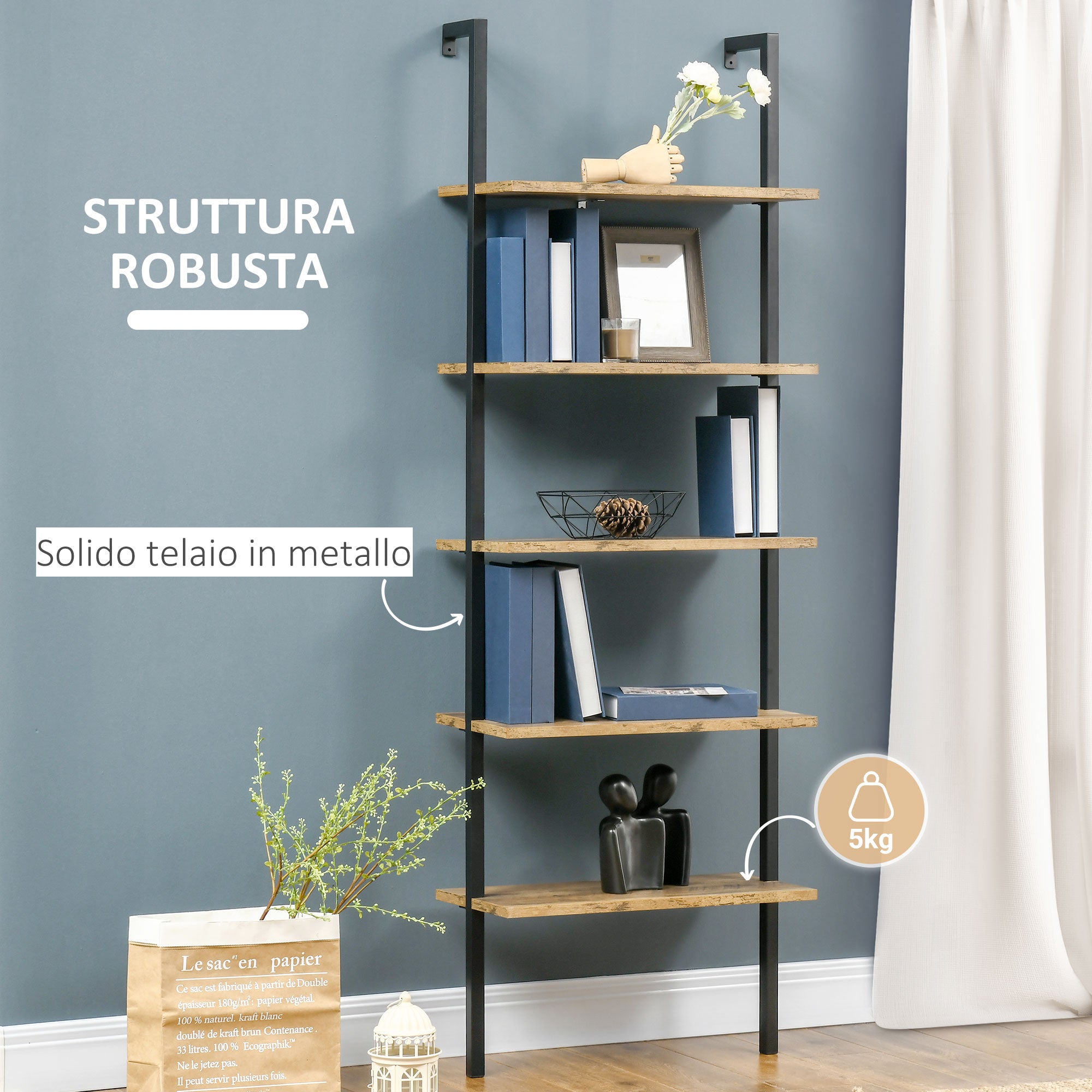 5-Shelf Industrial Style Leaning Wall Bookcase, Wall Mounted Wood and Metal Bookshelf, 60x30x184.5cm, Brown