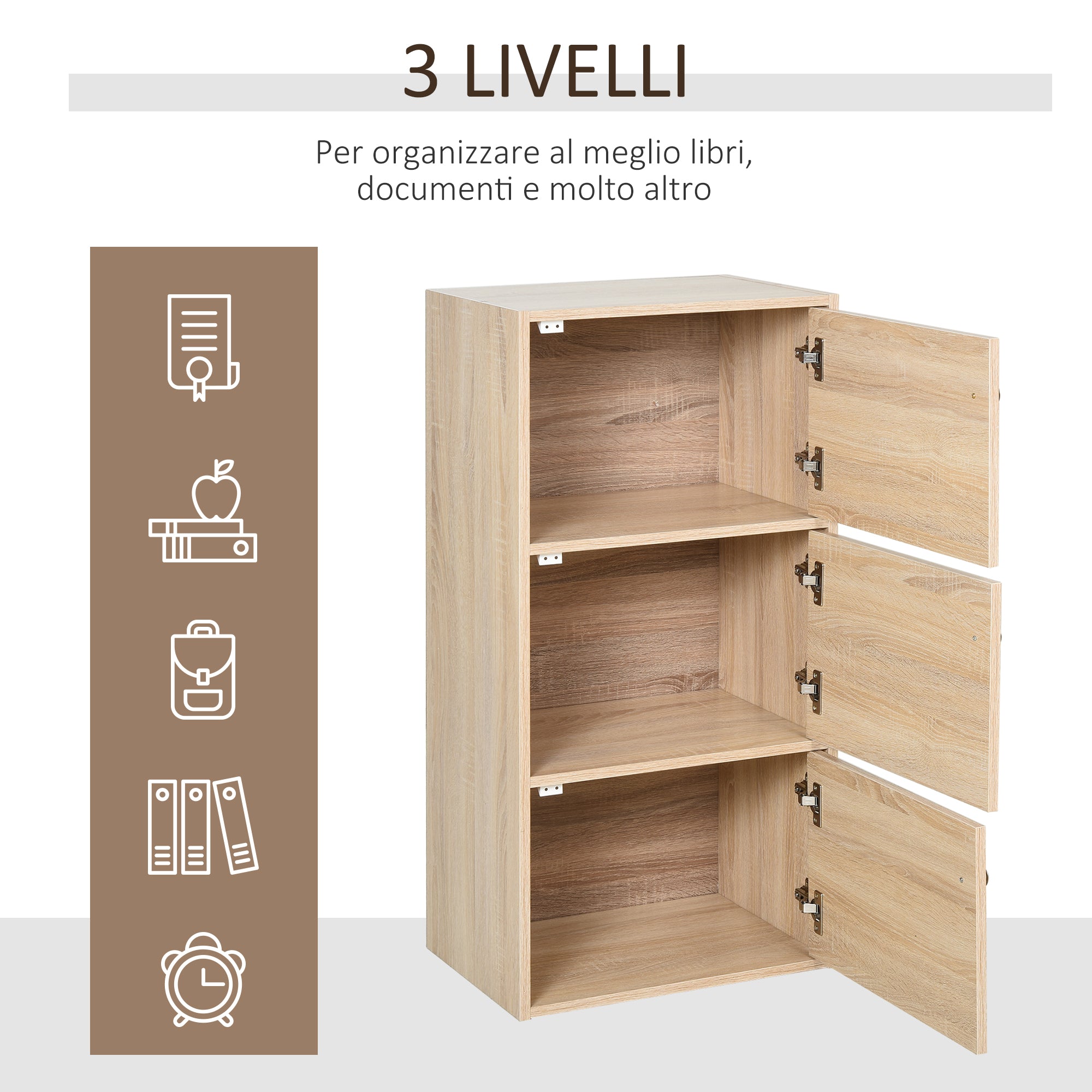 Multipurpose Cabinet with 3 Shelves in Wood and 3 Doors for Home, Bedroom, Living Room, or Office, 48x34x100cm