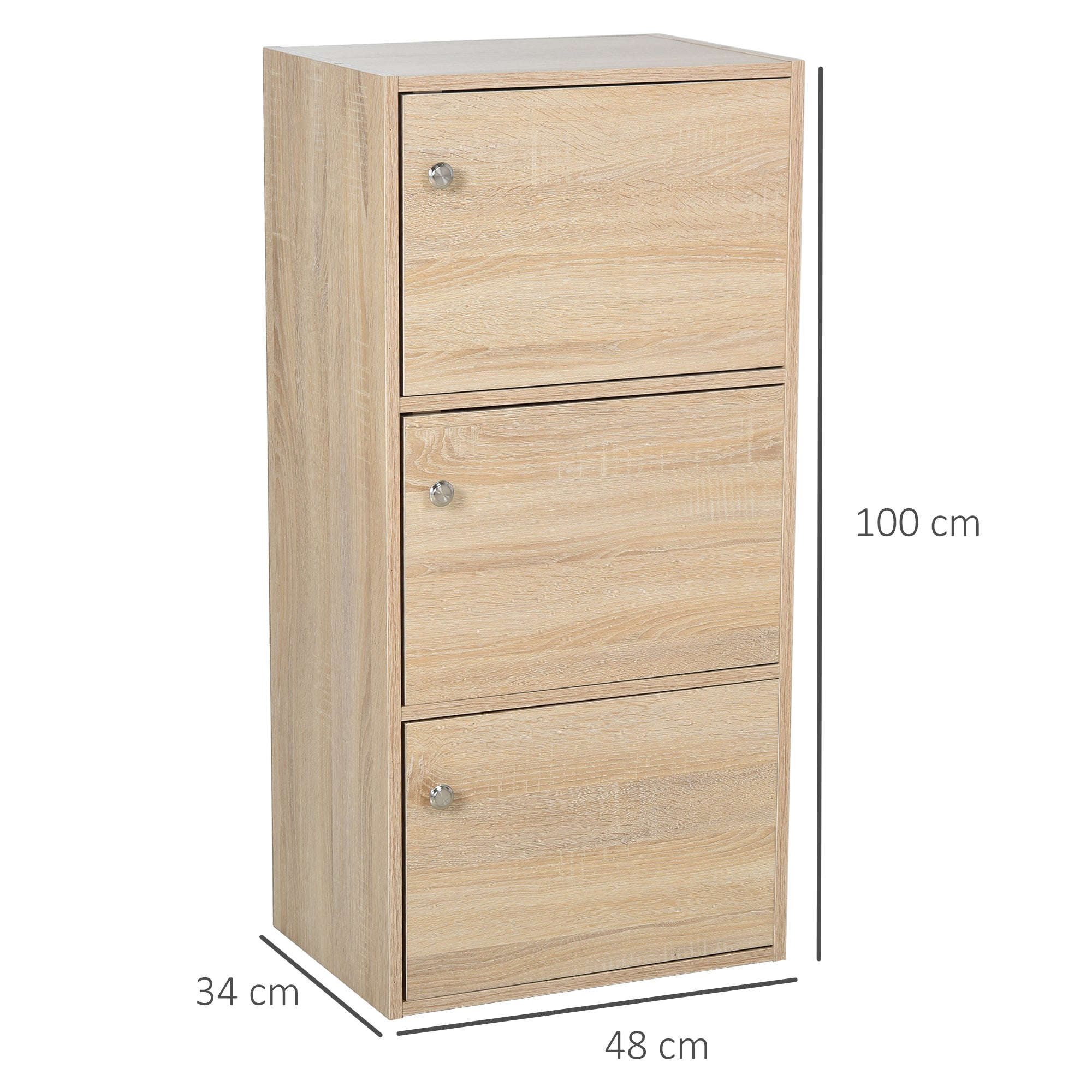 Multipurpose Cabinet with 3 Shelves in Wood and 3 Doors for Home, Bedroom, Living Room, or Office, 48x34x100cm