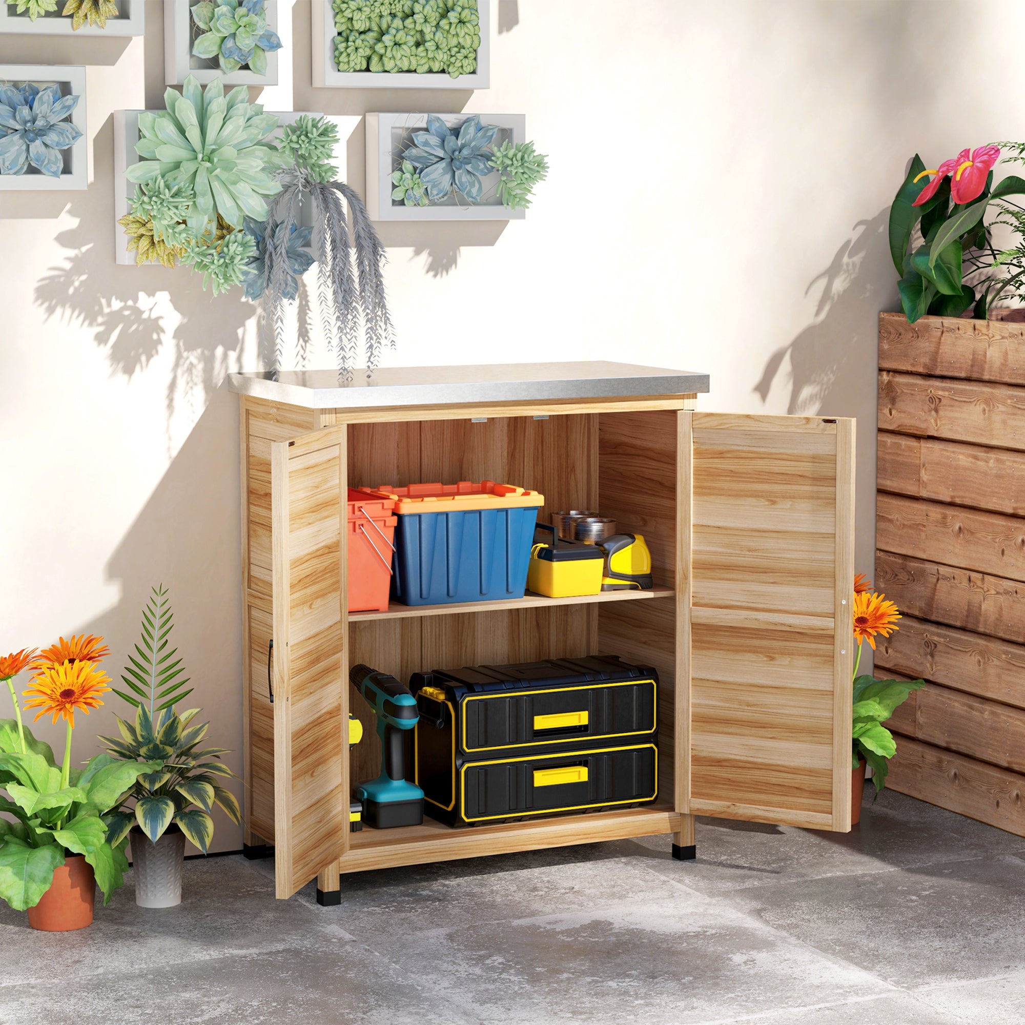Outdoor Cabinet with Internal Shelf and Upper Workbench, Garden Cabinet in Fir Wood and Galvanized Steel, 79x43x92 cm, Wood Color