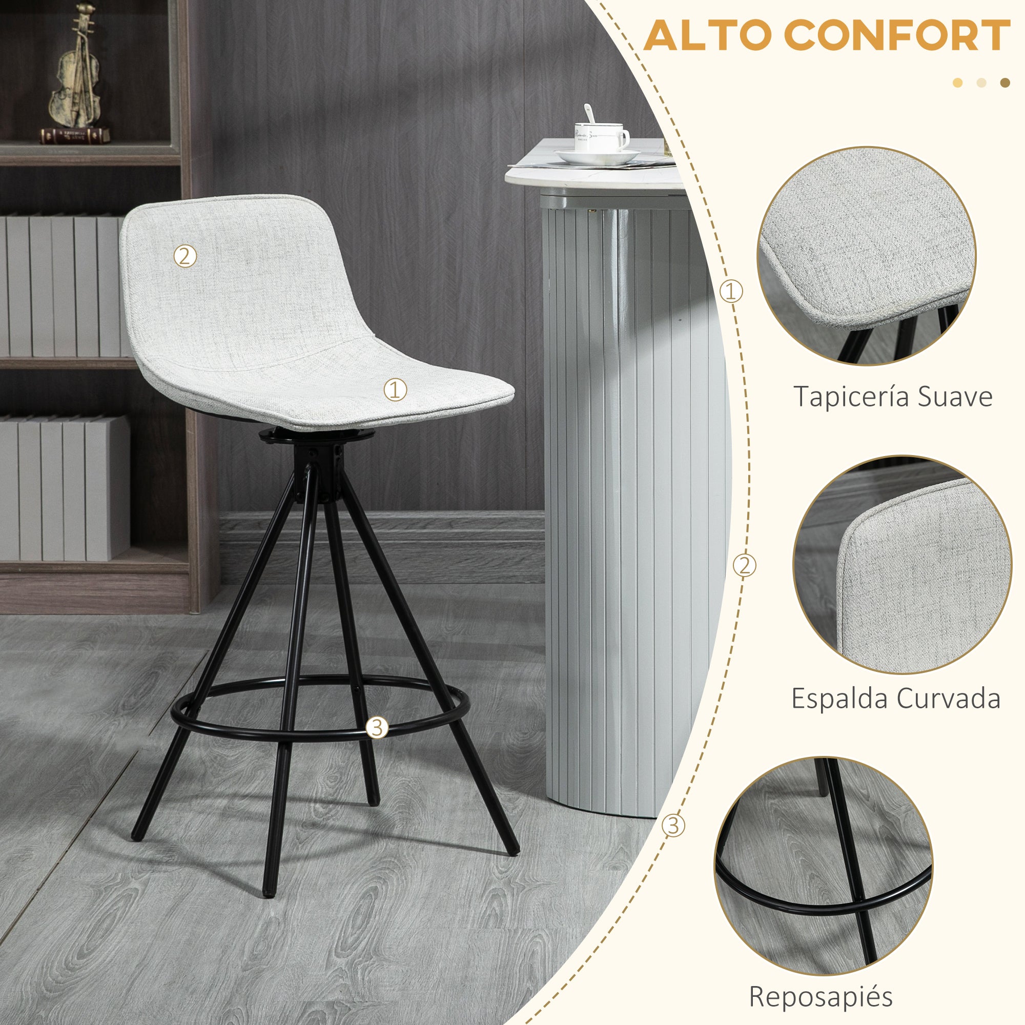 Set of 2 High Kitchen Stools with Swivel Seat Bar Stools Upholstered in Linen Touch with Backrest and Steel Legs for Dining 41.5x47.5x90 cm Gray