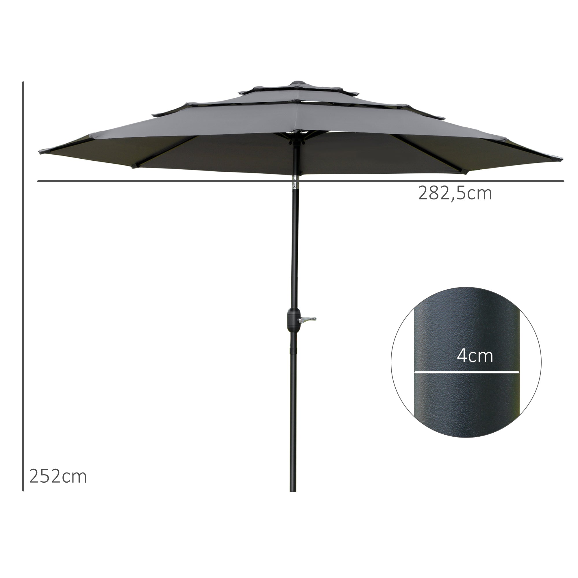 Outdoor Garden Parasol Round Tilted Umbrella Ø 2.85 x 2.5 m with Crank Opening, 2 Vents, 180 g/m² Anti-UV Protection, Balcony Parasol, Terrace, Gray