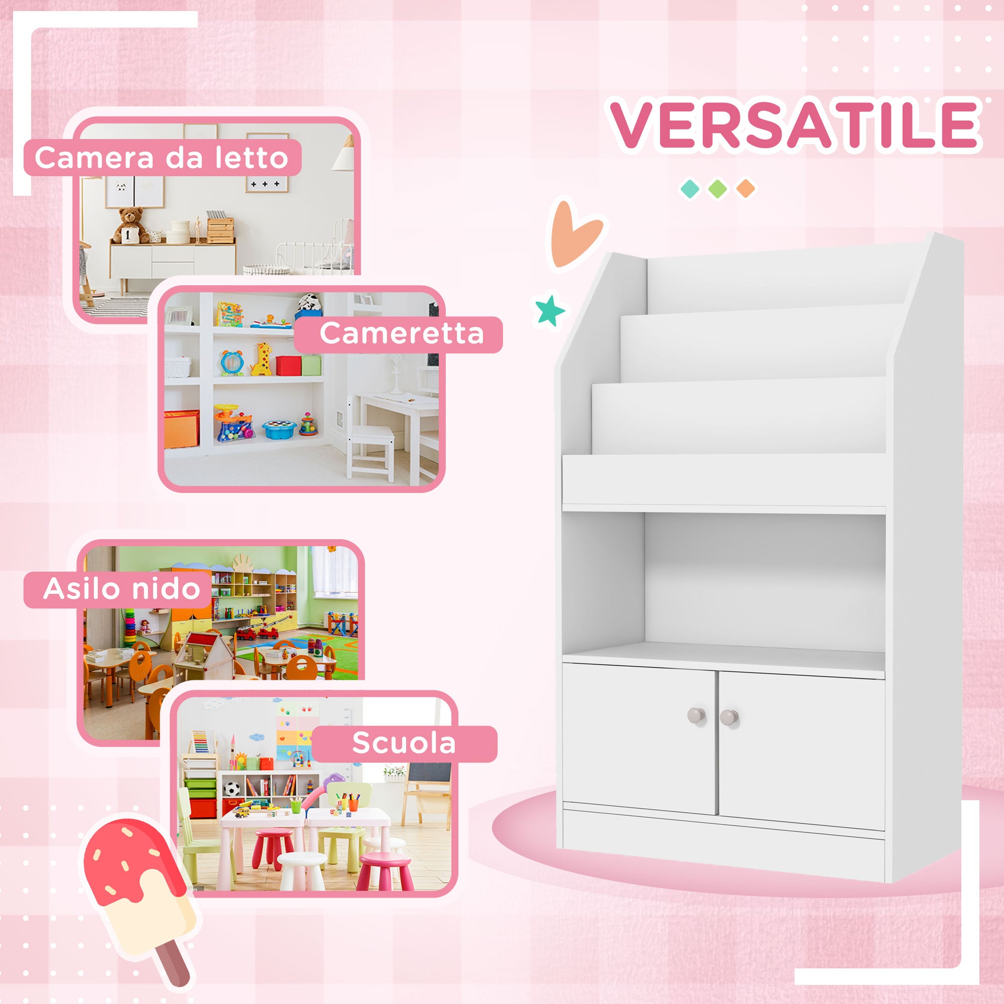 ZONEKIZ Wooden Children's Toy Shelf Bookcase, 2-Door Cabinet for Kids Modern Design for Kids' Room, 60x29.5x100cm, White