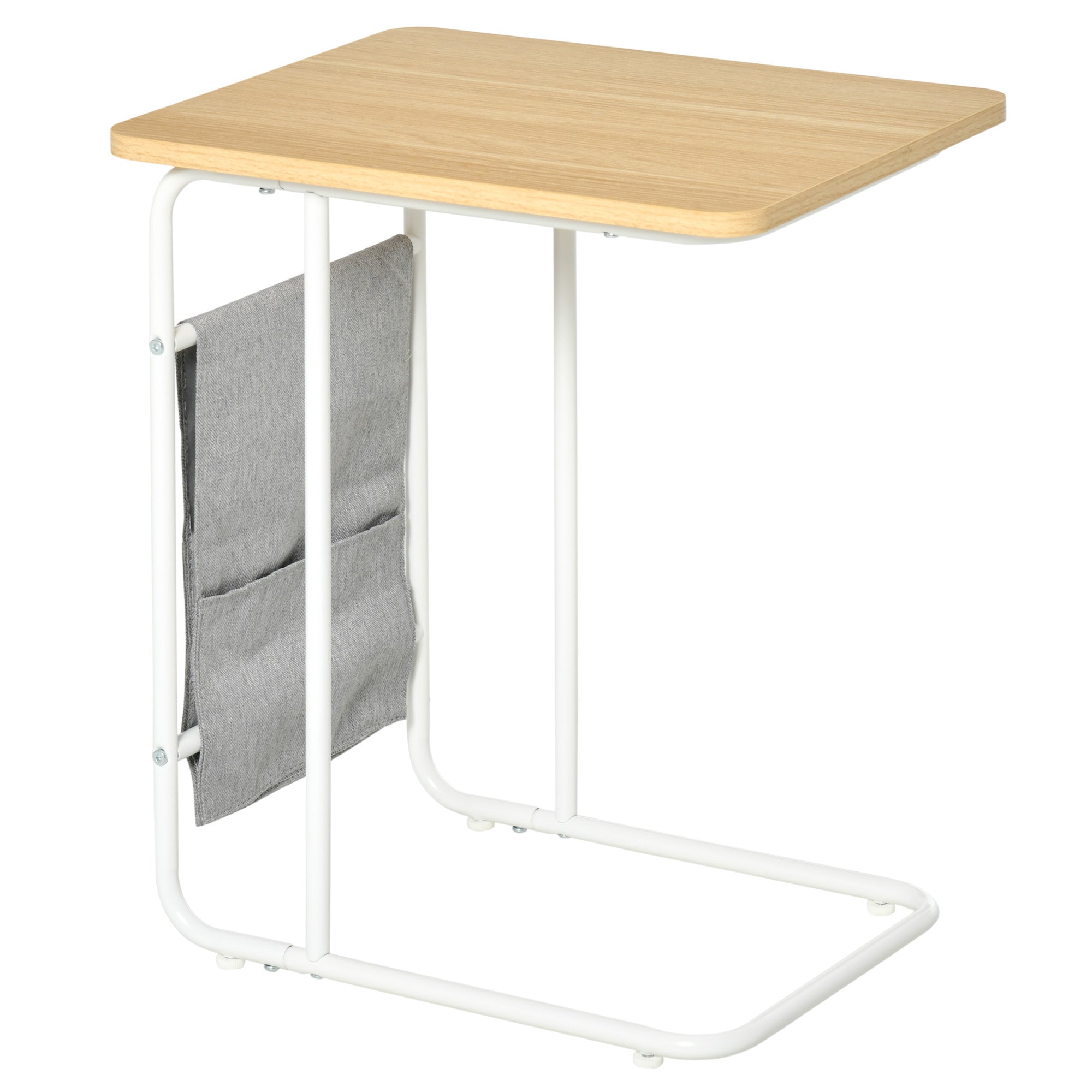 C-Shaped Sofa Side Table with Removable Storage Bag, End Table for Living Room Bedroom Office, 37x48x55.8 cm Oak and White
