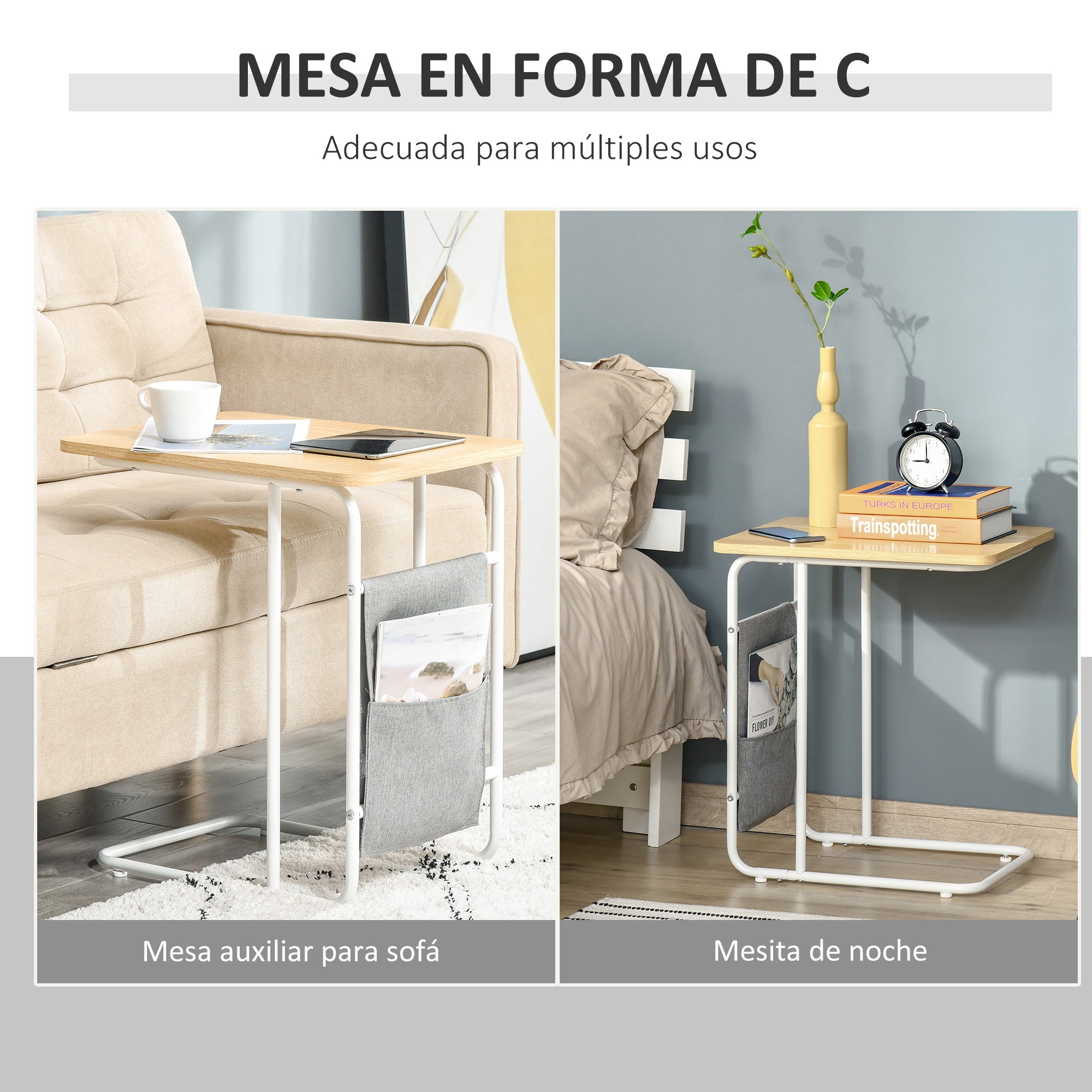 C-Shaped Sofa Side Table with Removable Storage Bag, End Table for Living Room Bedroom Office, 37x48x55.8 cm Oak and White
