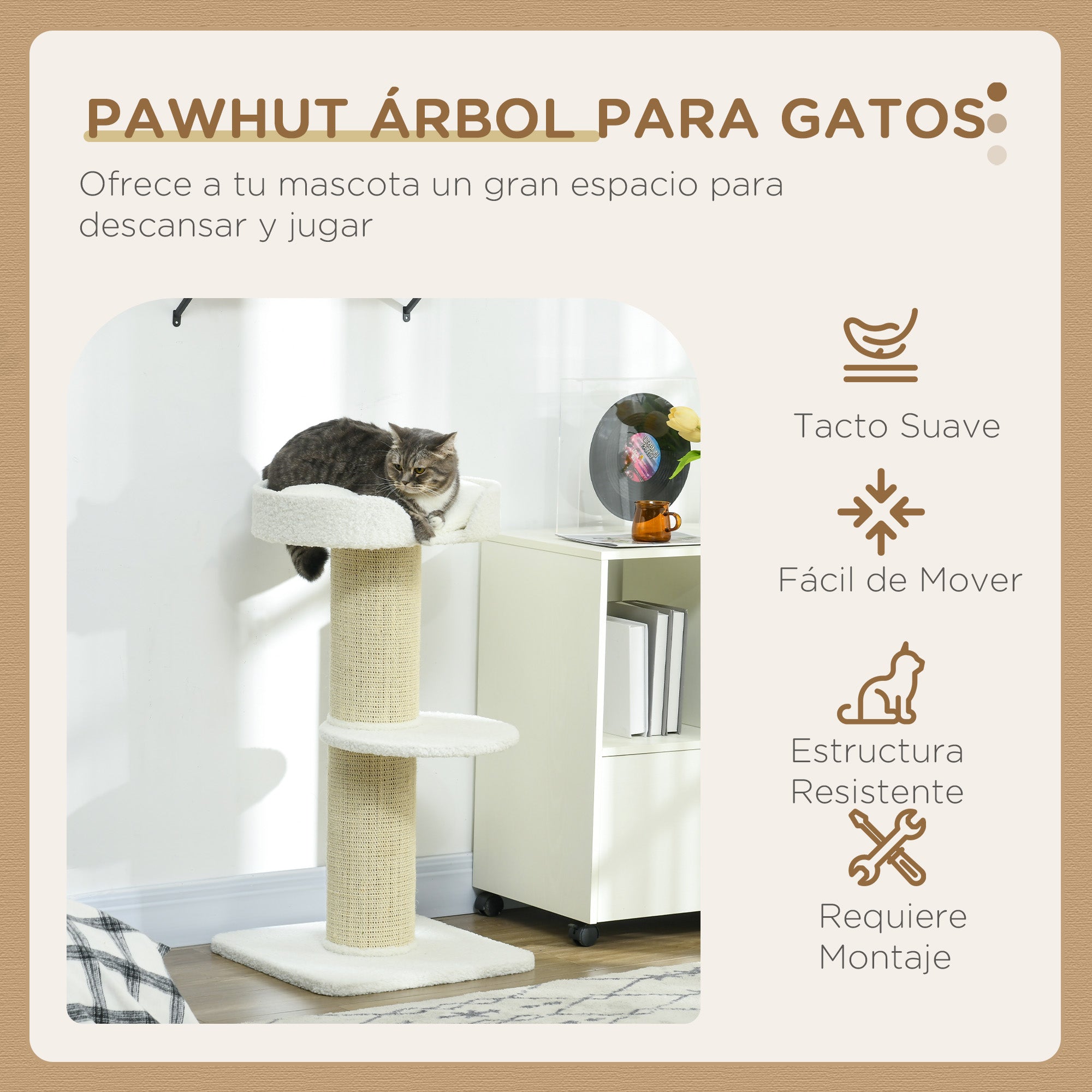 Cat Scratching Tree Height 91 cm Cat Tree 3-Level Cat Tower with Nest Platform and Sisal Post 45x45x91 cm Cream