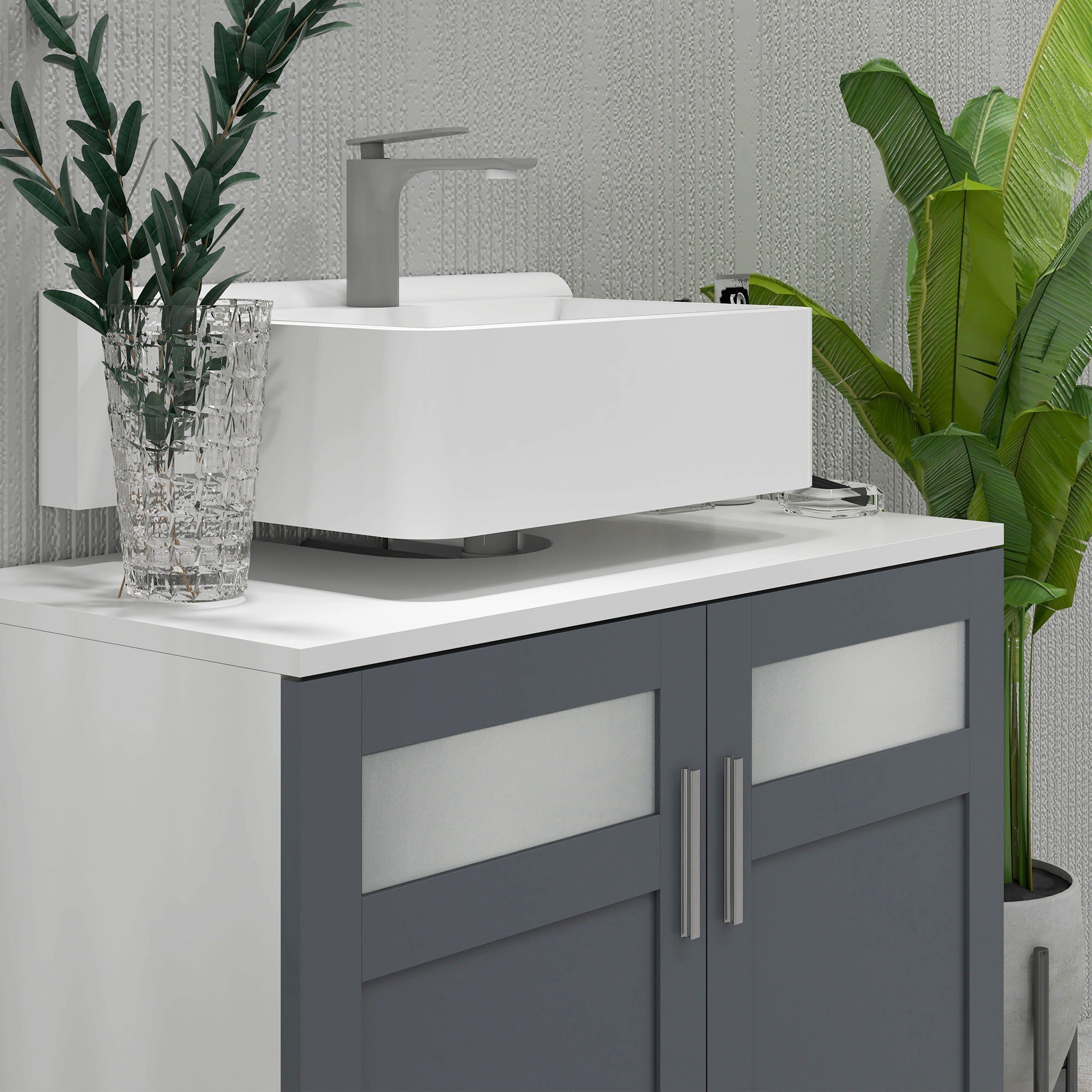 Under Sink Cabinet Bathroom Vanity Unit with 2 Tempered Glass Doors and Adjustable Shelf 69x35x59 cm White and Grey