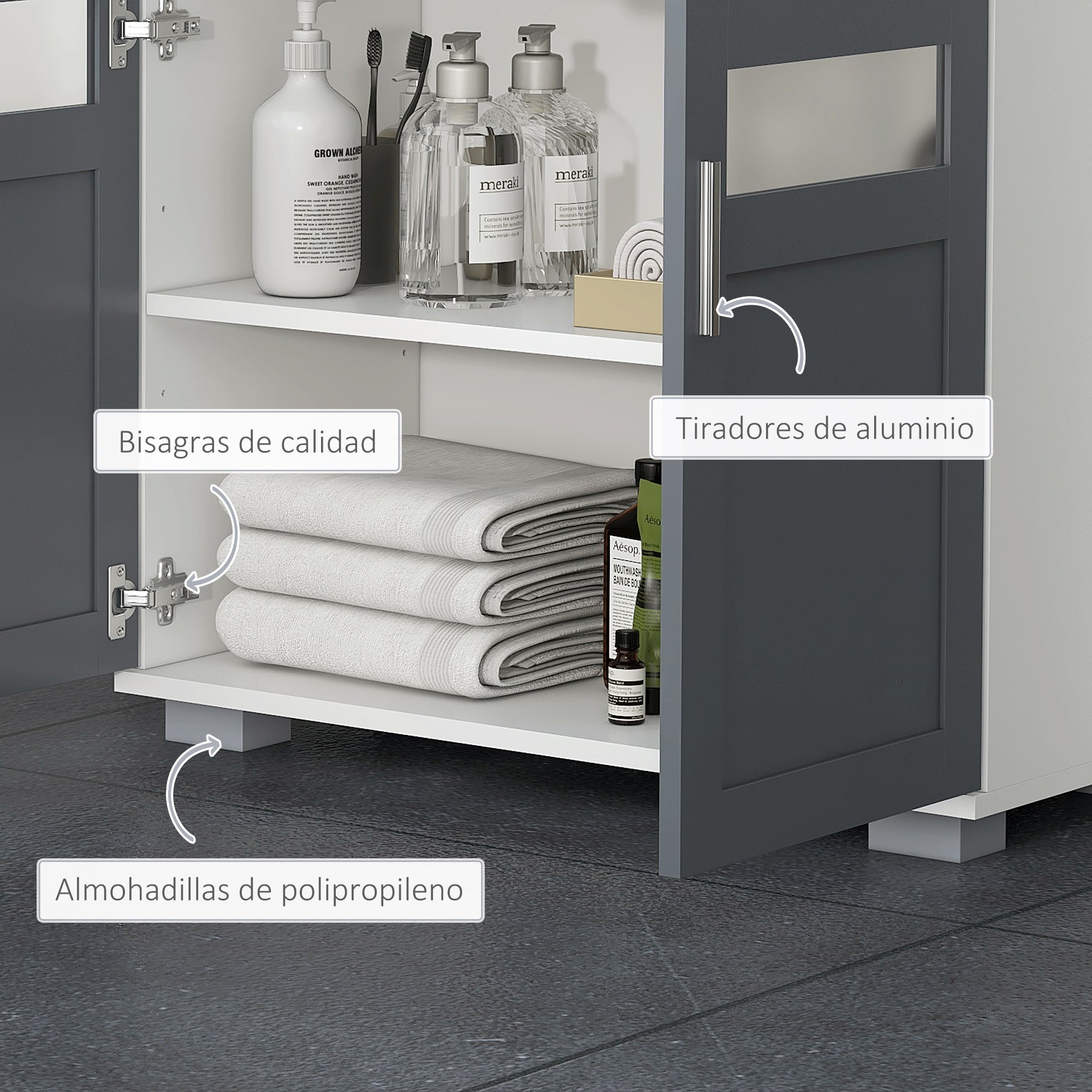 Under Sink Cabinet Bathroom Vanity Unit with 2 Tempered Glass Doors and Adjustable Shelf 69x35x59 cm White and Grey