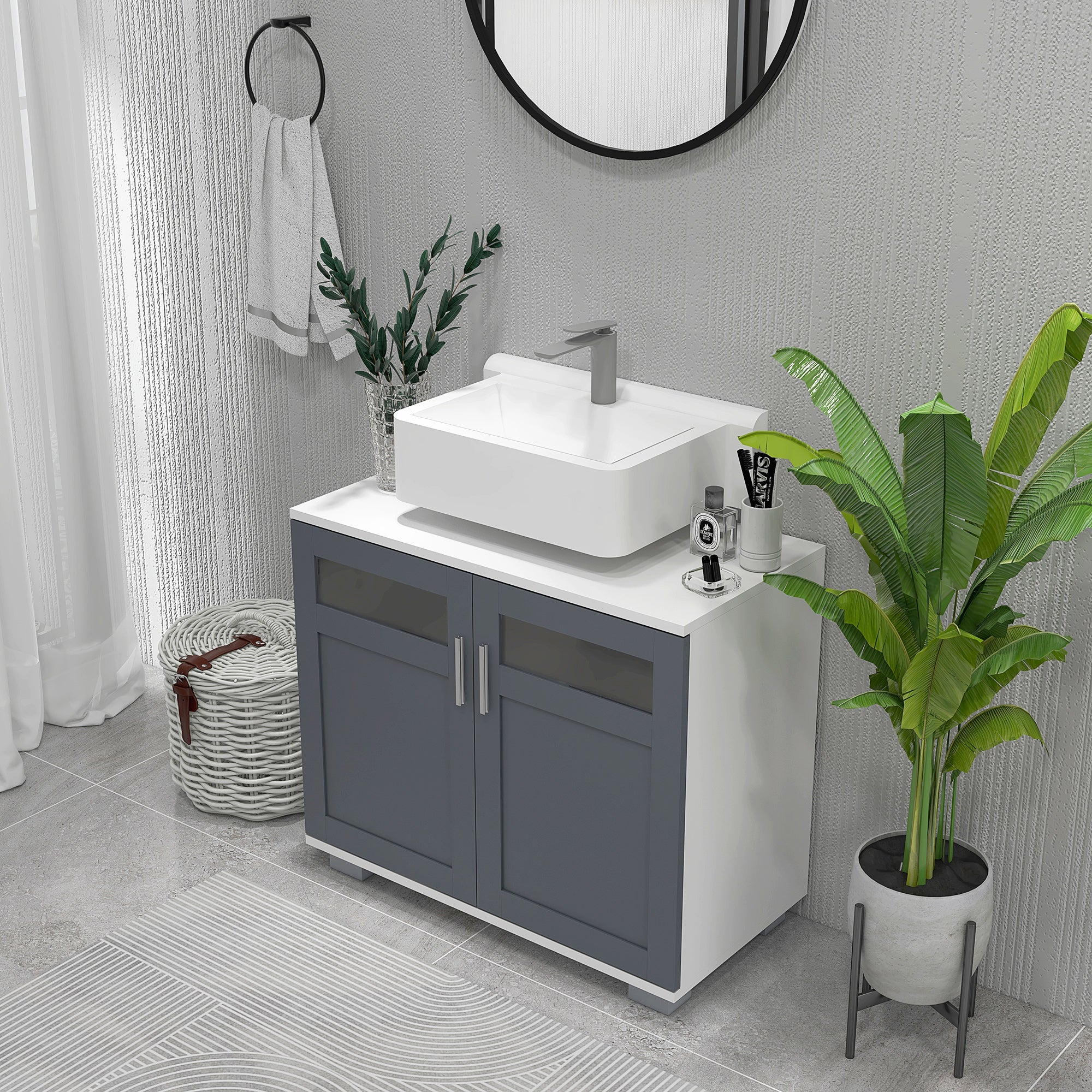 Under Sink Cabinet Bathroom Vanity Unit with 2 Tempered Glass Doors and Adjustable Shelf 69x35x59 cm White and Grey