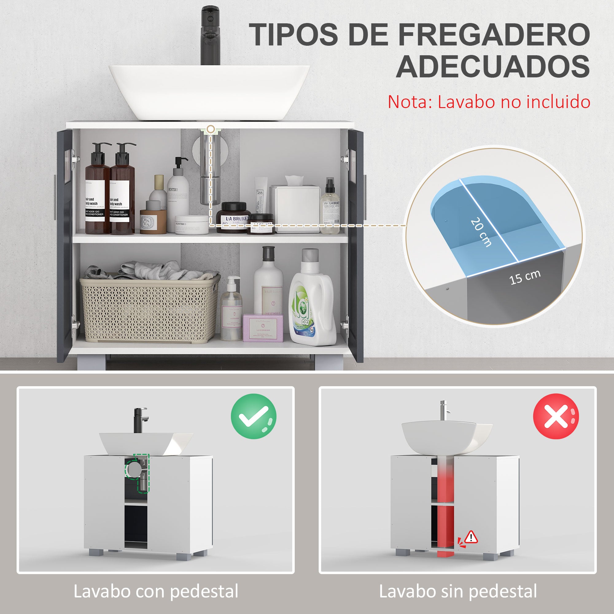 Under Sink Cabinet Bathroom Vanity Unit with 2 Tempered Glass Doors and Adjustable Shelf 69x35x59 cm White and Grey