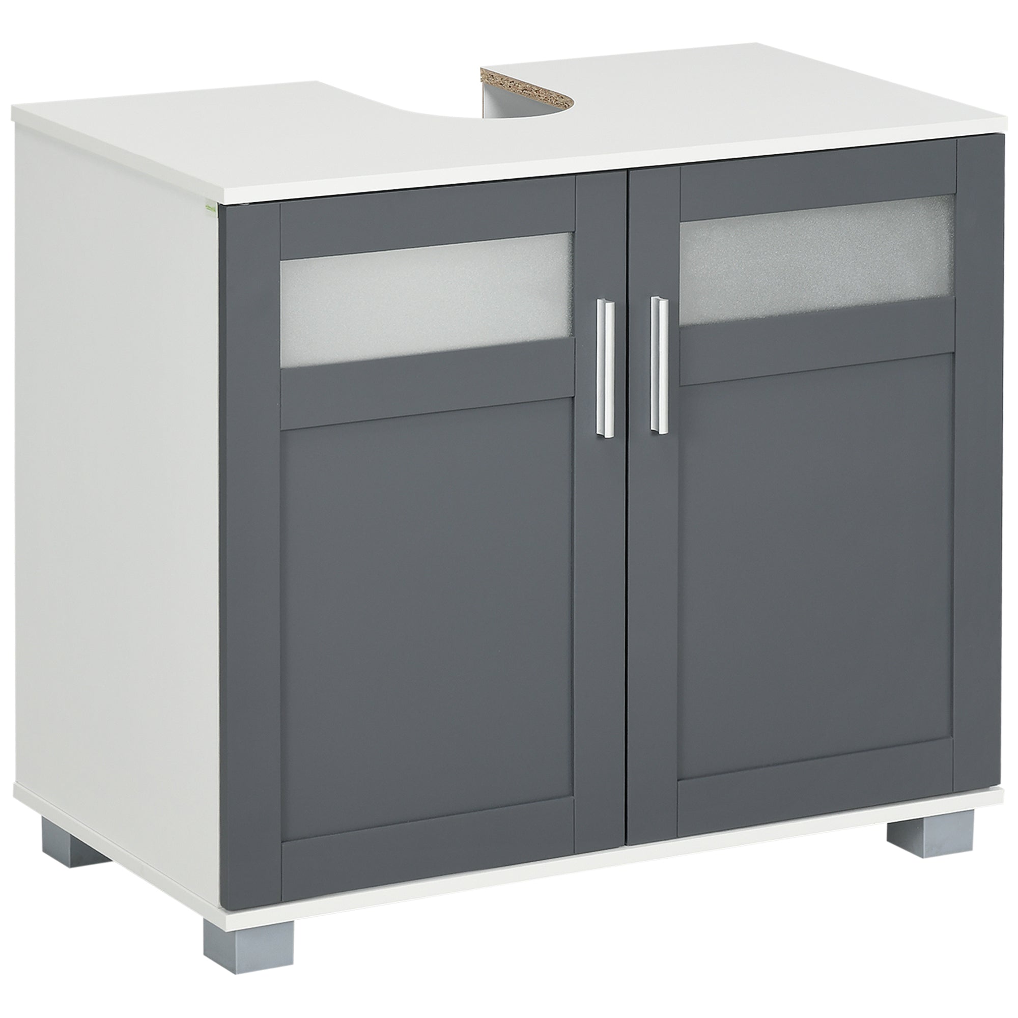 Under Sink Cabinet Bathroom Vanity Unit with 2 Tempered Glass Doors and Adjustable Shelf 69x35x59 cm White and Grey