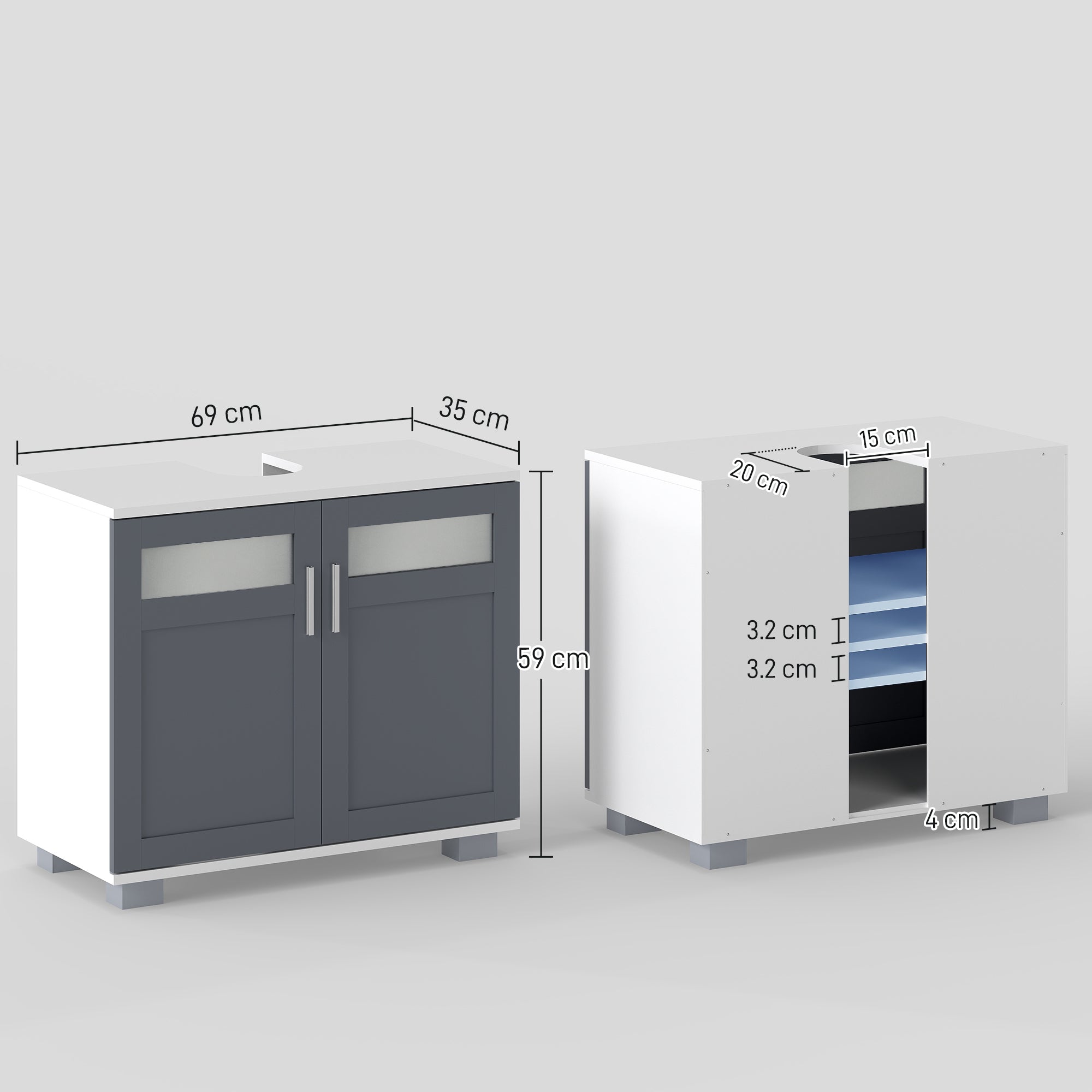 Under Sink Cabinet Bathroom Vanity Unit with 2 Tempered Glass Doors and Adjustable Shelf 69x35x59 cm White and Grey