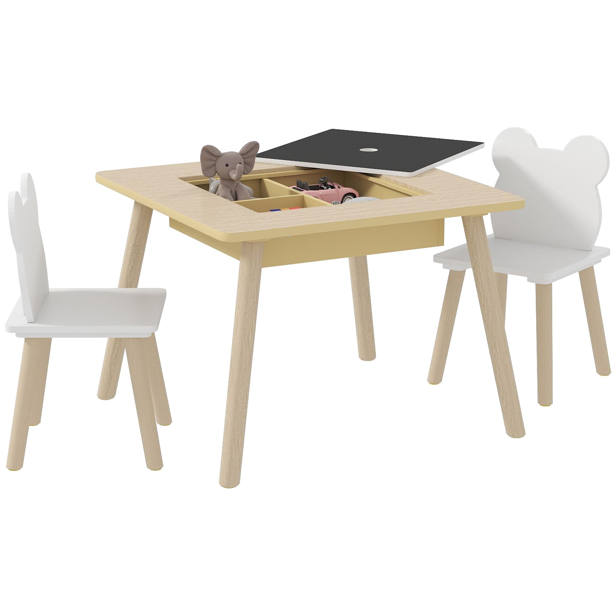 Kids' Table with 2 Chairs — Children's Seating Set with Storage, Flip & Removable Tabletop, Bear-Back Chairs, Natural Wood (Ages 3–6)