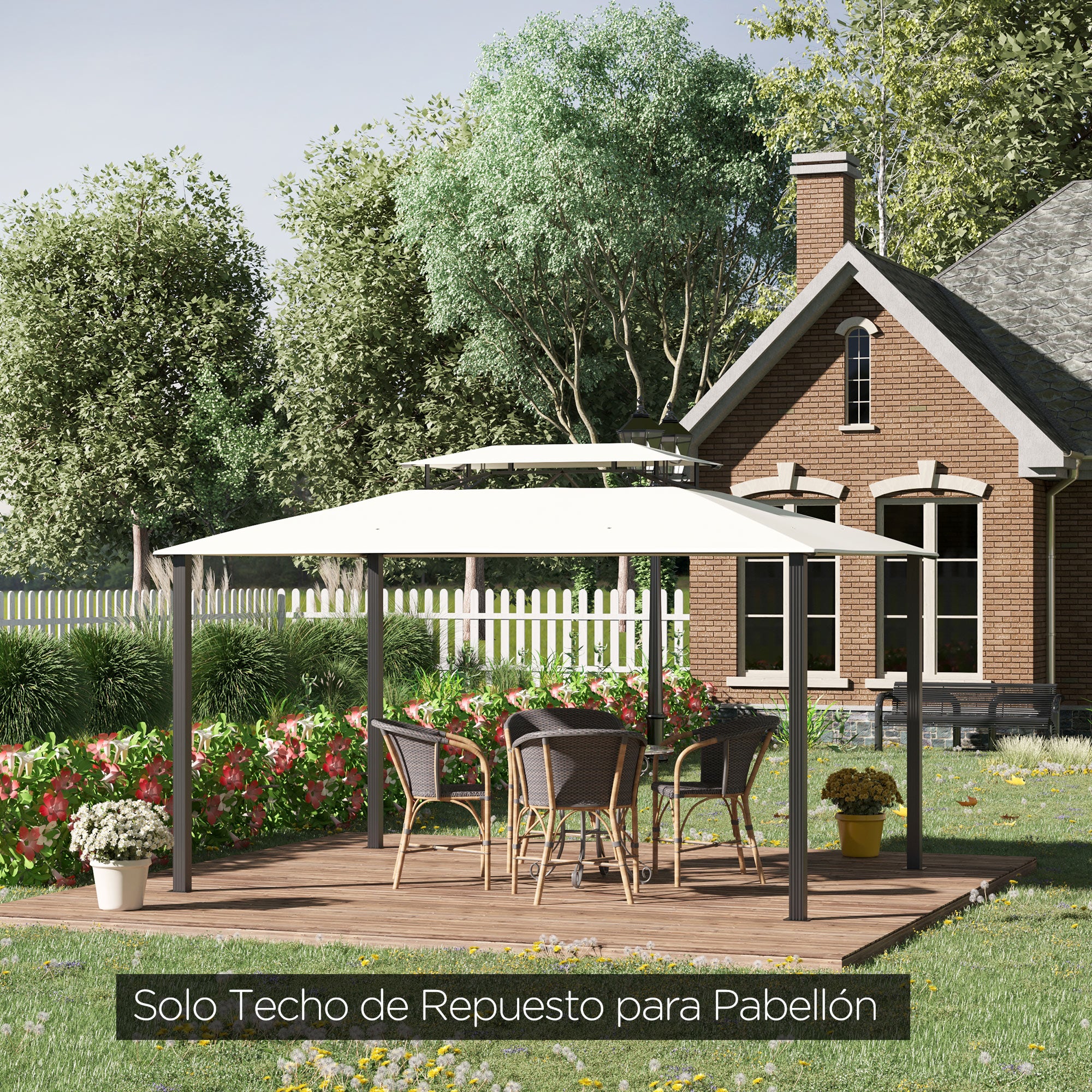 4x3m Replacement Roof for Garden Gazebo with 2 Levels Breathable with 8 Drainage Holes Replacement Top Cover for Outdoor Beige Gazebo Pavilion
