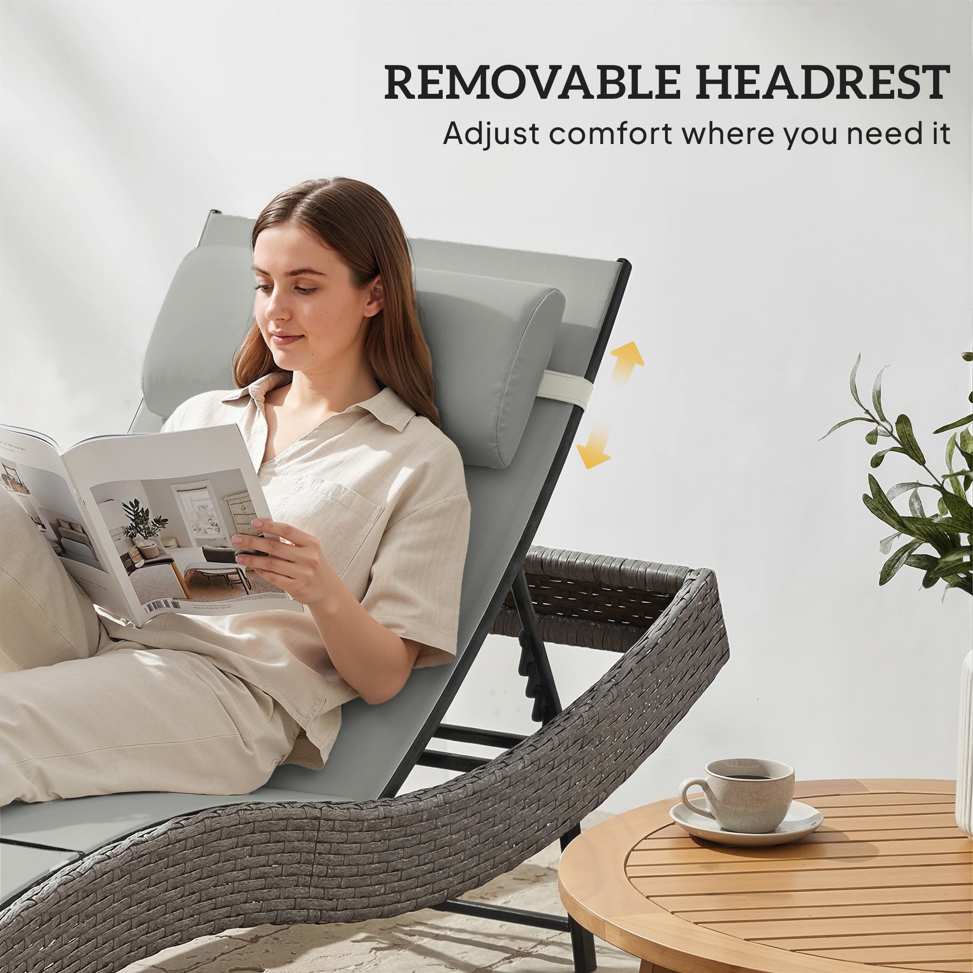 S-Shape Poly Rattan Sun Lounger — 5-Position Adjustable Recliner with Headrest, Breathable UV-Resistant Mesh, Weatherproof Outdoor Rattan Chaise — Light Gray