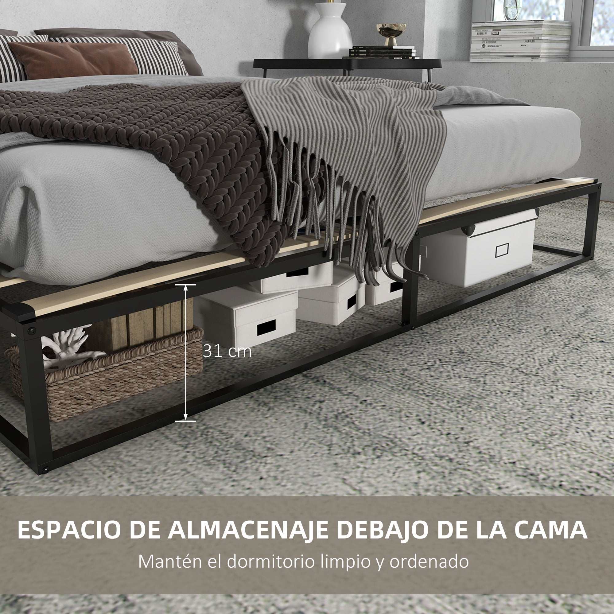 Steel Bed Frame 25 cm Height Bed Structure for 180x200 cm Mattress Wooden Slatted Bed Base for 1-2 People Modern Style Black