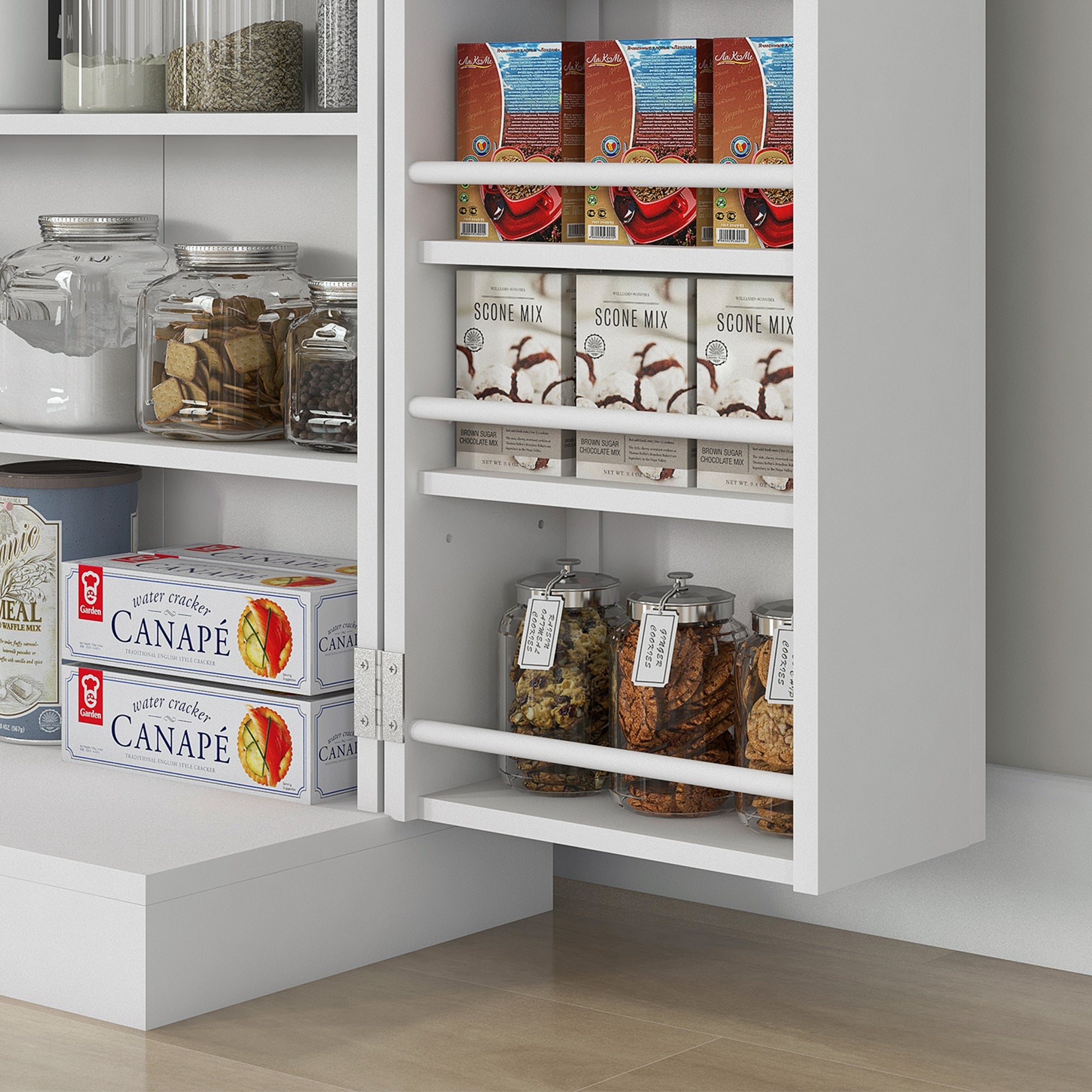 Kitchen Cabinet with 5 Central Shelves and 2 Side Shelves at 6 Levels, Kitchen Cabinet in MDF, 60x30x104 cm, White