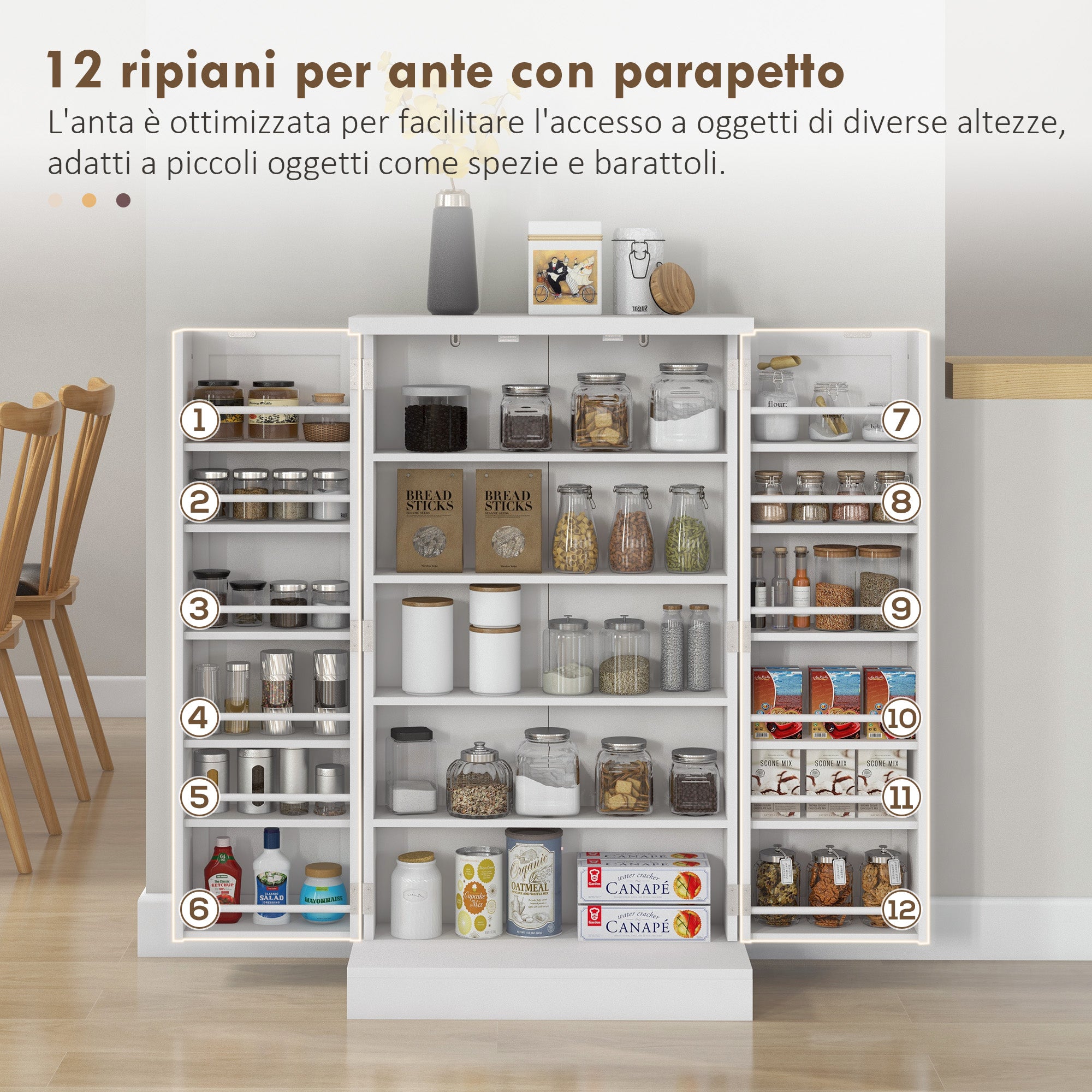 Kitchen Cabinet with 5 Central Shelves and 2 Side Shelves at 6 Levels, Kitchen Cabinet in MDF, 60x30x104 cm, White