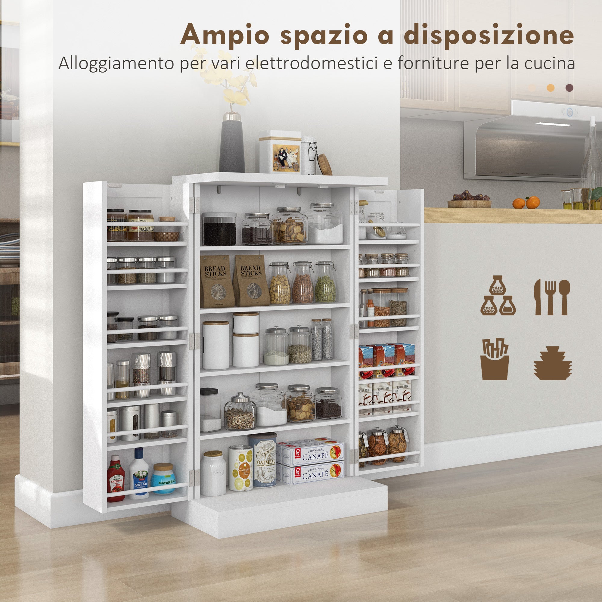 Kitchen Cabinet with 5 Central Shelves and 2 Side Shelves at 6 Levels, Kitchen Cabinet in MDF, 60x30x104 cm, White