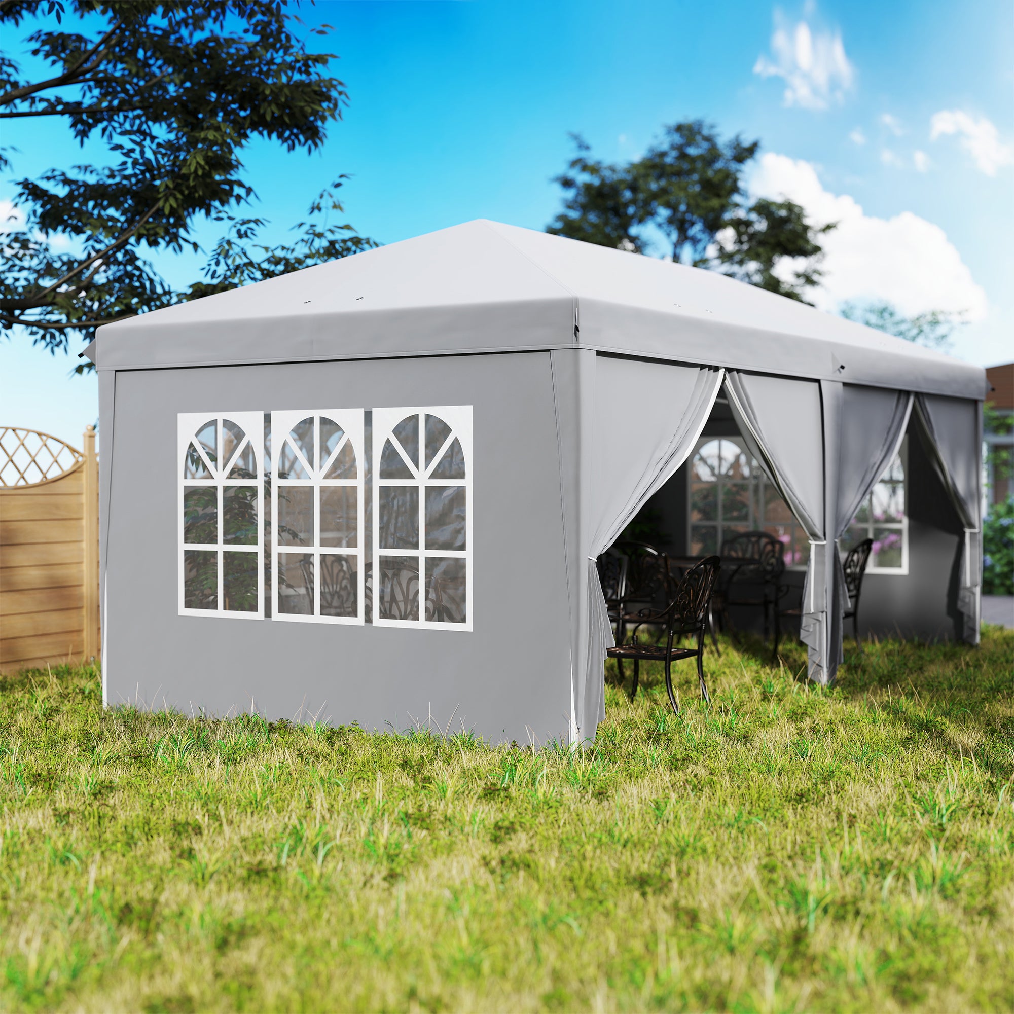 Folding Garden Gazebo 6 x 3 m Outdoor Pop-up Waterproof Gazebo with 4 Removable Side Walls 4 Windows + Carry Bag Light Gray