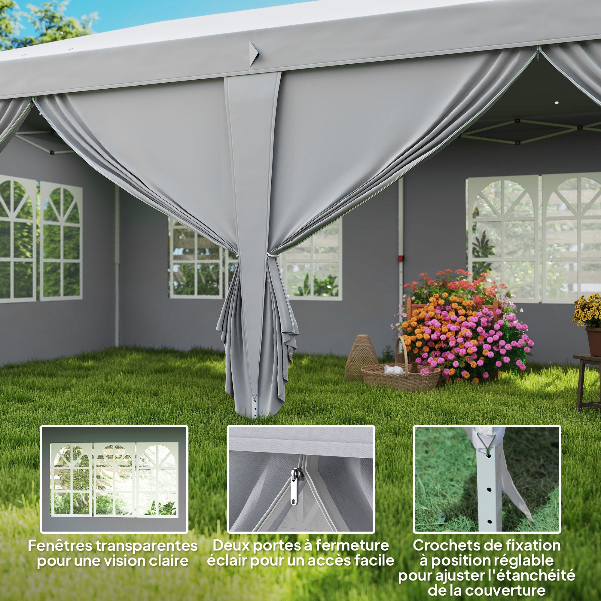 Folding Garden Gazebo 6 x 3 m Outdoor Pop-up Waterproof Gazebo with 4 Removable Side Walls 4 Windows + Carry Bag Light Gray