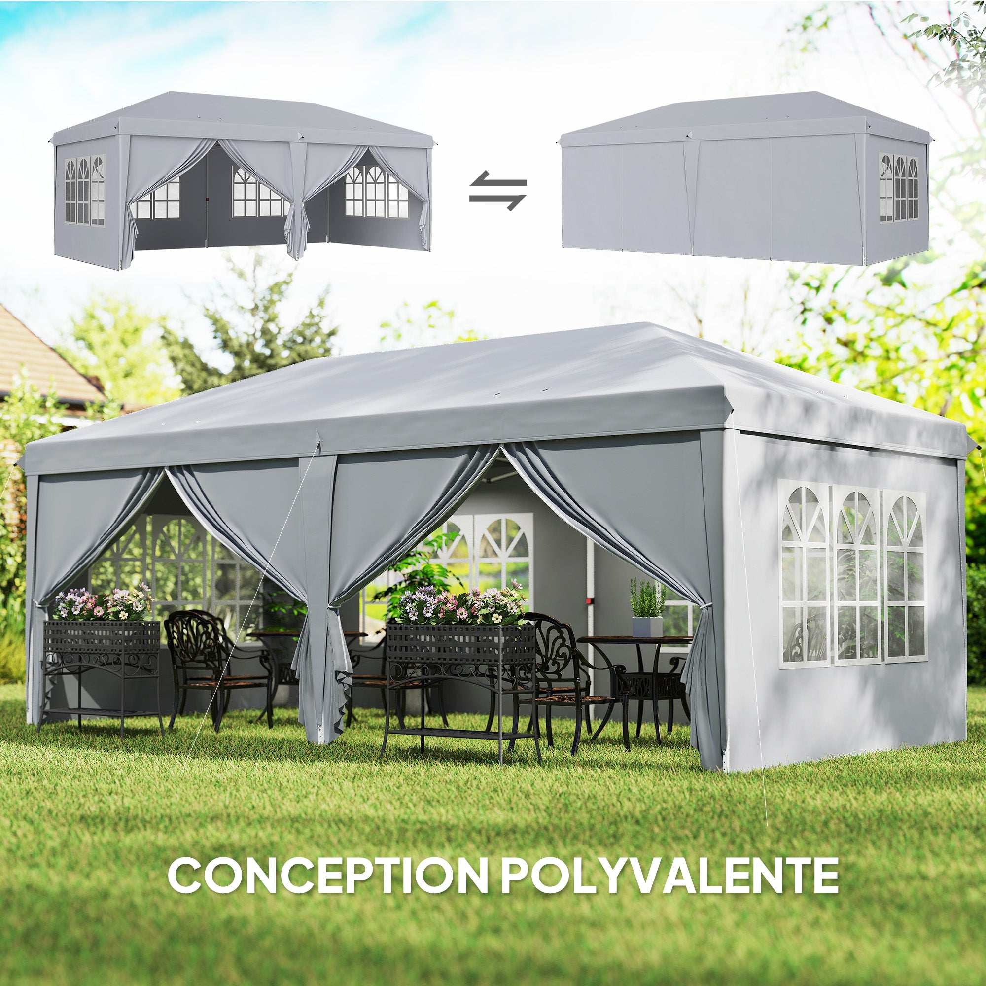 Folding Garden Gazebo 6 x 3 m Outdoor Pop-up Waterproof Gazebo with 4 Removable Side Walls 4 Windows + Carry Bag Light Gray