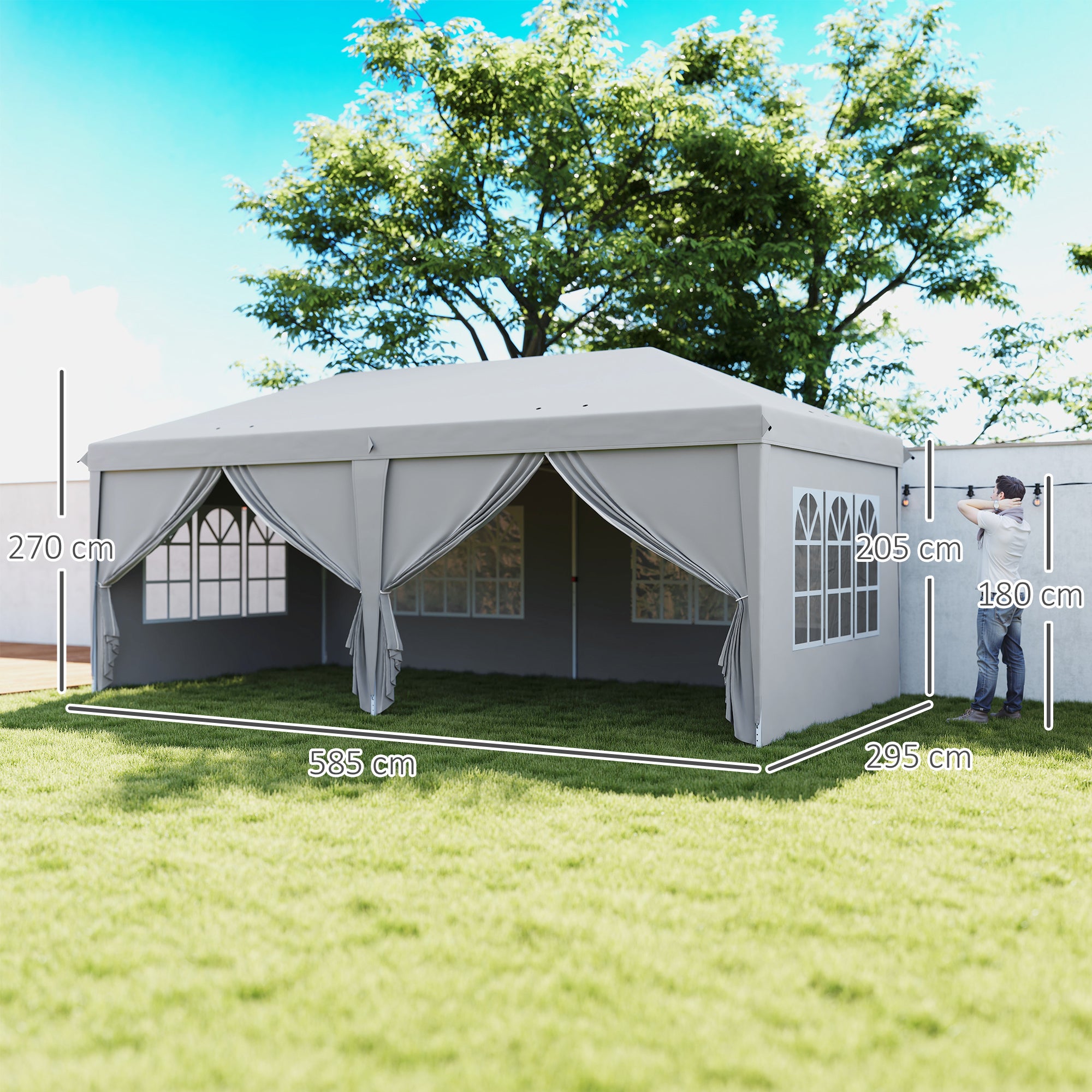 Folding Garden Gazebo 6 x 3 m Outdoor Pop-up Waterproof Gazebo with 4 Removable Side Walls 4 Windows + Carry Bag Light Gray