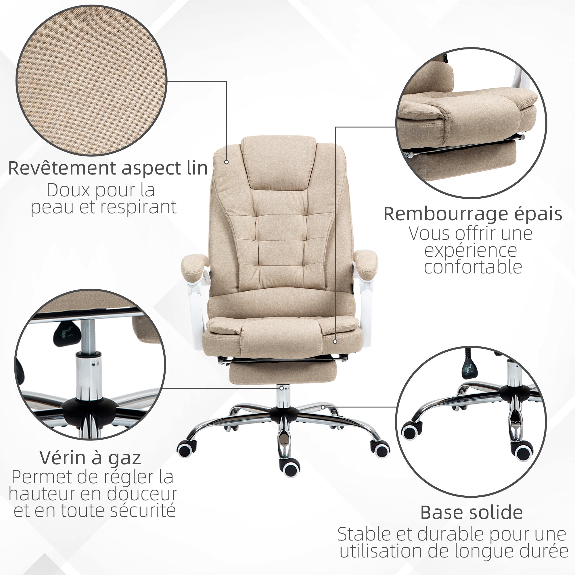 Ergonomic Office Chair, Office Chair with Footrest, Reclining Backrest, Padded Armrests, Linen-Like Beige Fabric