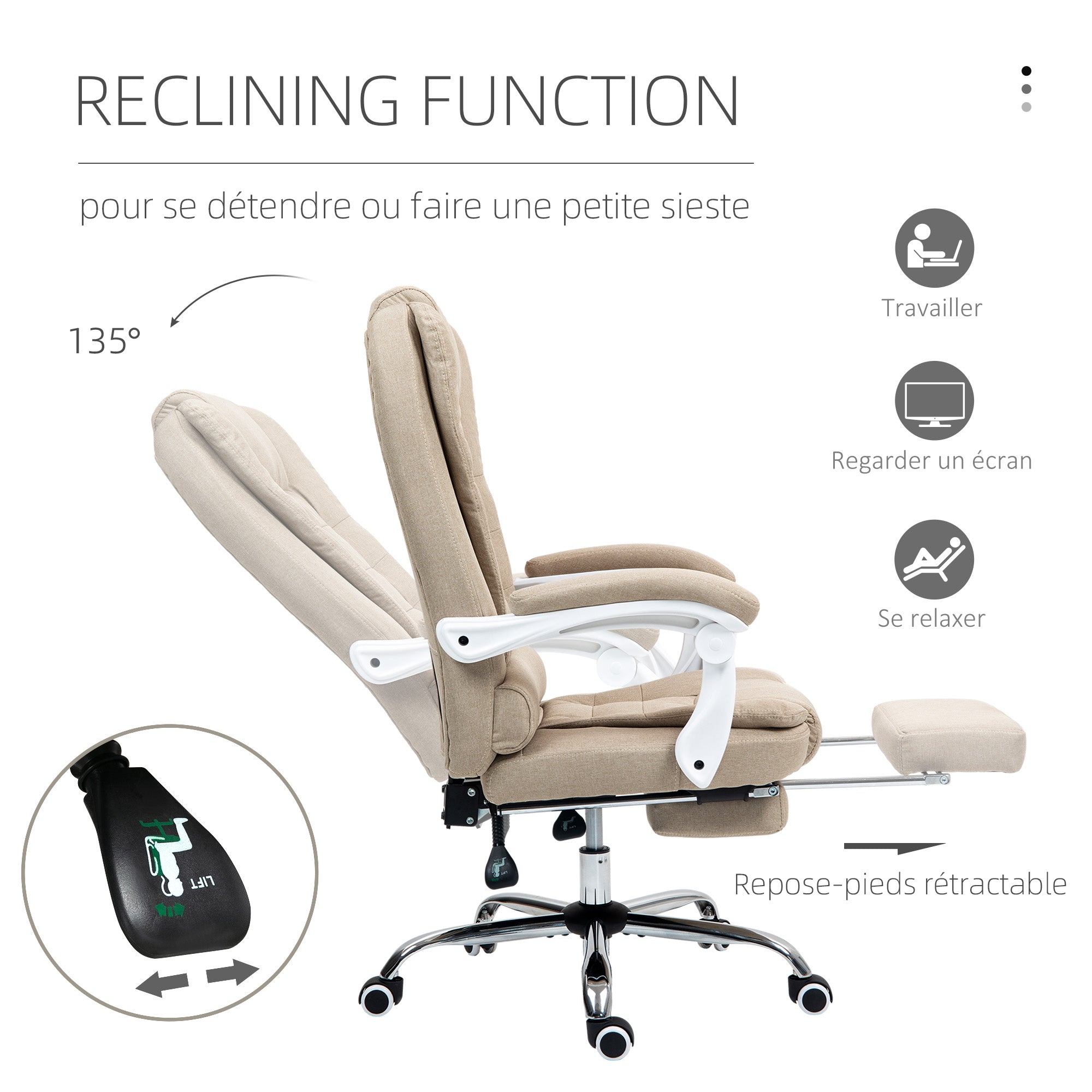 Ergonomic Office Chair, Office Chair with Footrest, Reclining Backrest, Padded Armrests, Linen-Like Beige Fabric