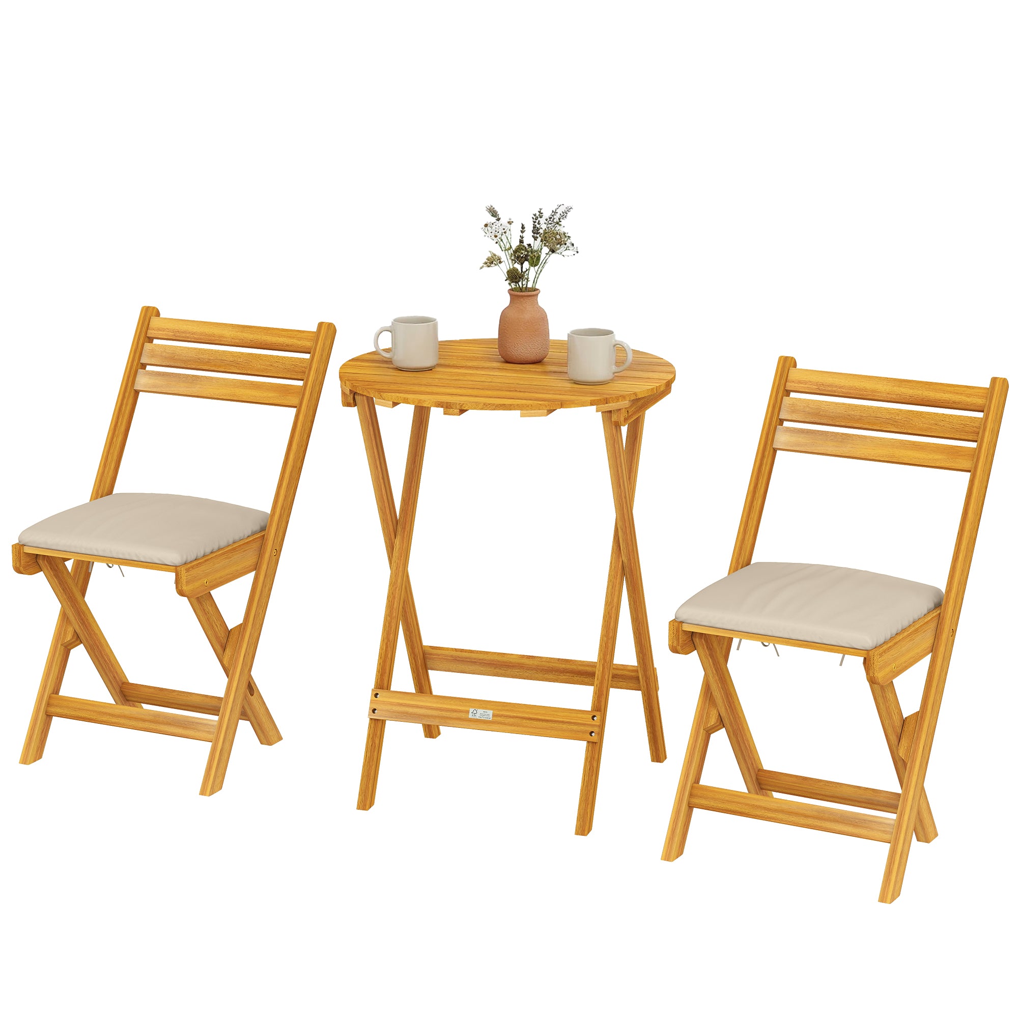 3-Piece Folding Balcony Set — FSC Acacia Wood Round Table & 2 Chairs with Breathable Slatted Seats and Cushions, Natural Wood