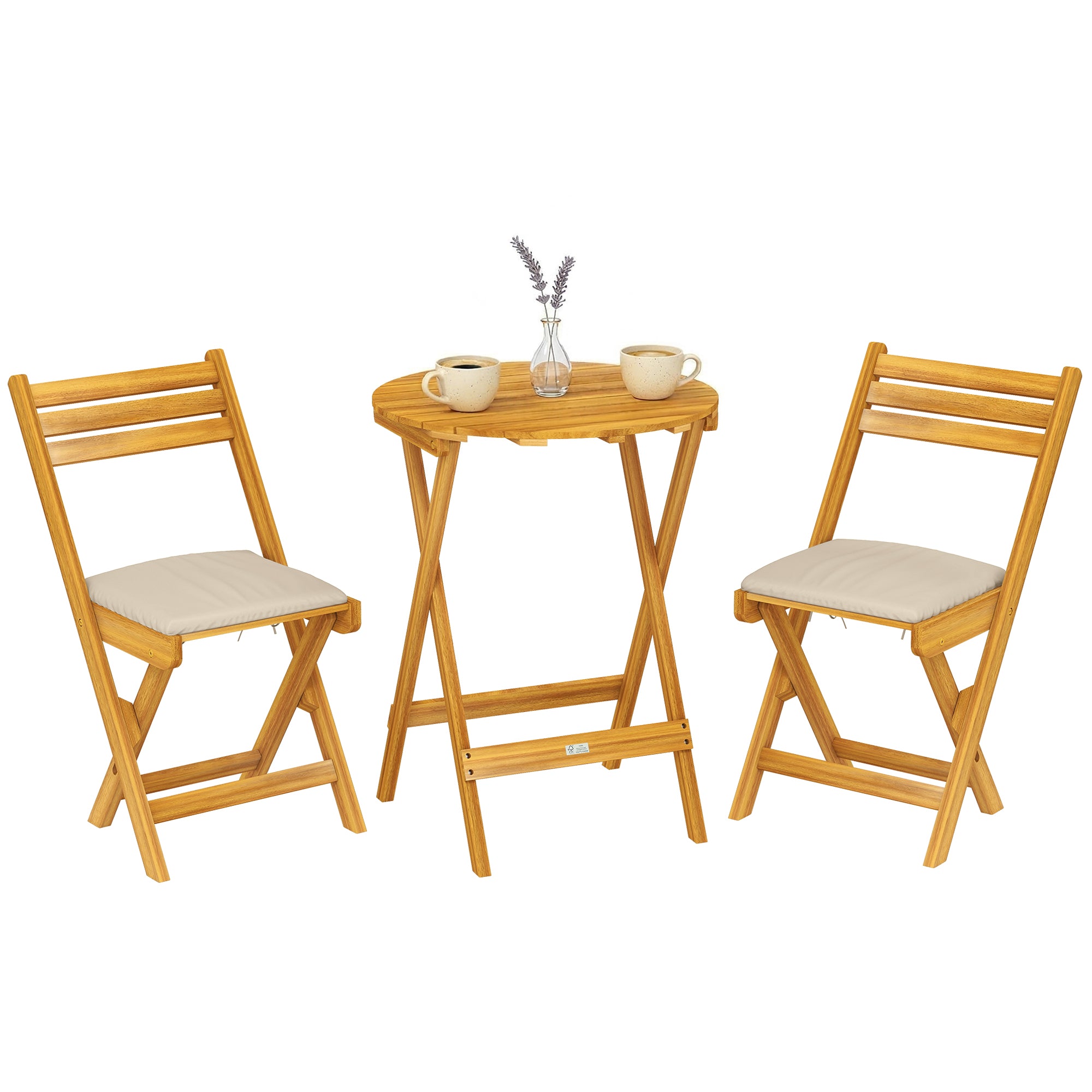 3-Piece Folding Balcony Set — FSC Acacia Wood Round Table & 2 Chairs with Breathable Slatted Seats and Cushions, Natural Wood