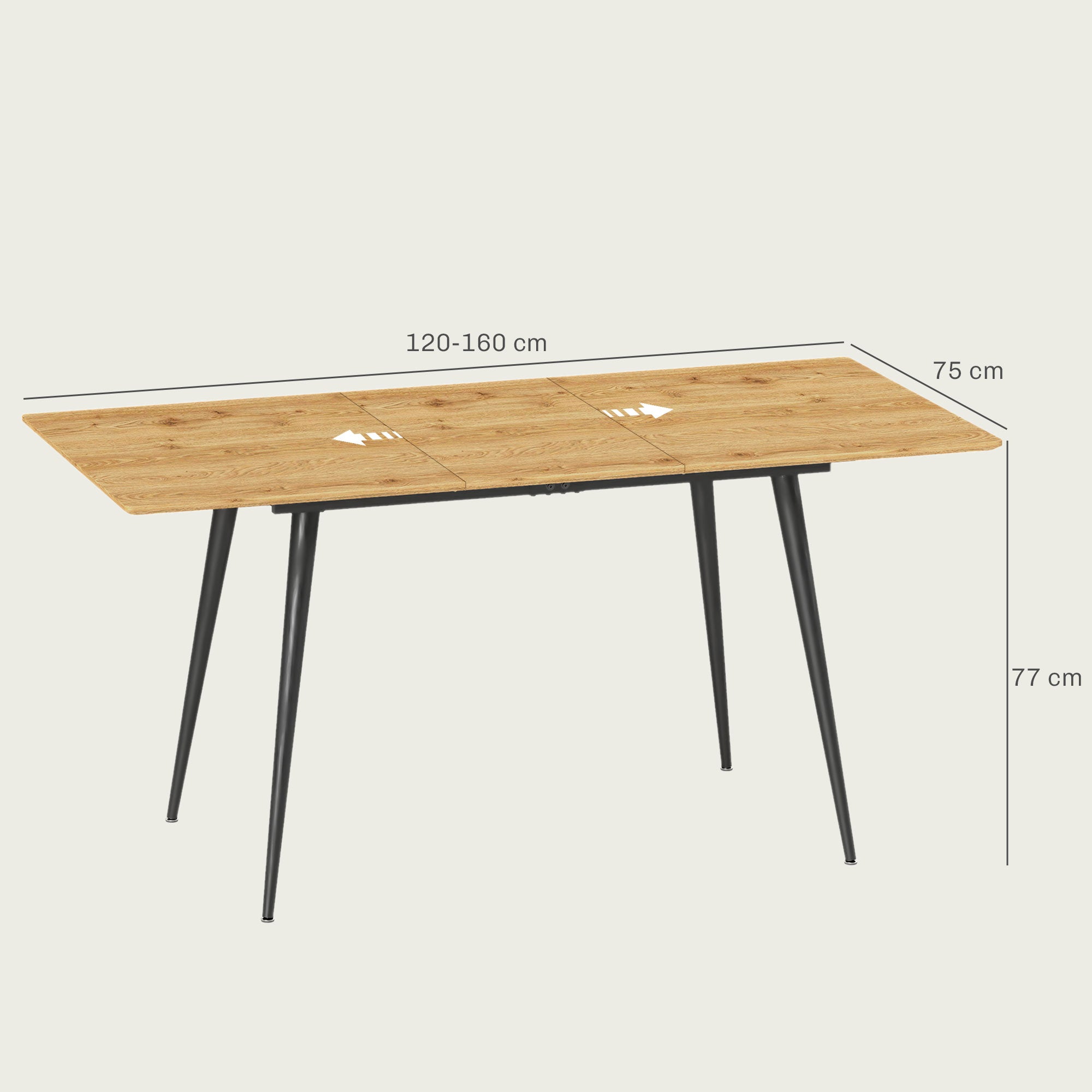 Extendable Dining Table 120/160 x 75 cm Kitchen Table for 6-8 Persons, Modern Dining Table with Steel Legs, Natural