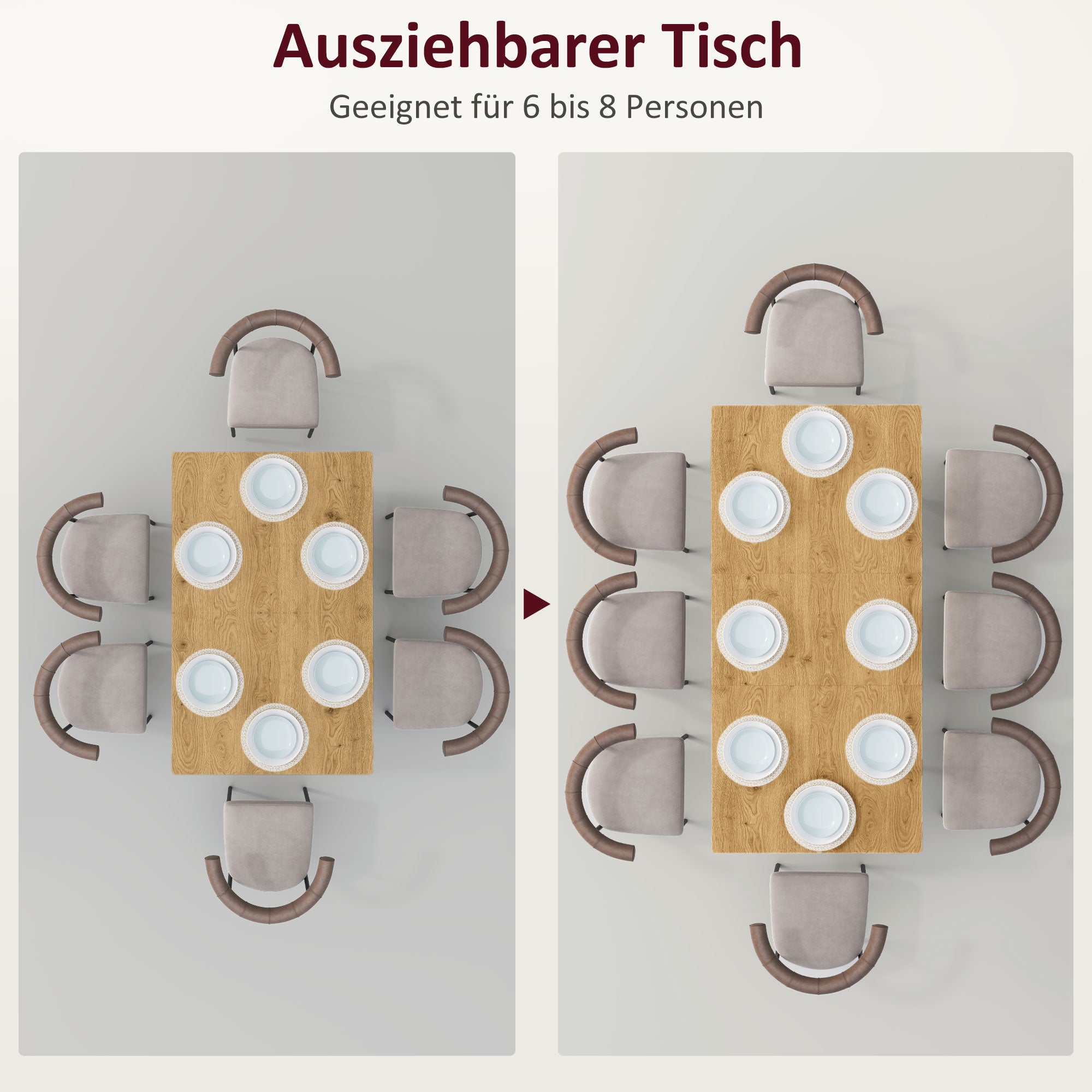 Extendable Dining Table 120/160 x 75 cm Kitchen Table for 6-8 Persons, Modern Dining Table with Steel Legs, Natural