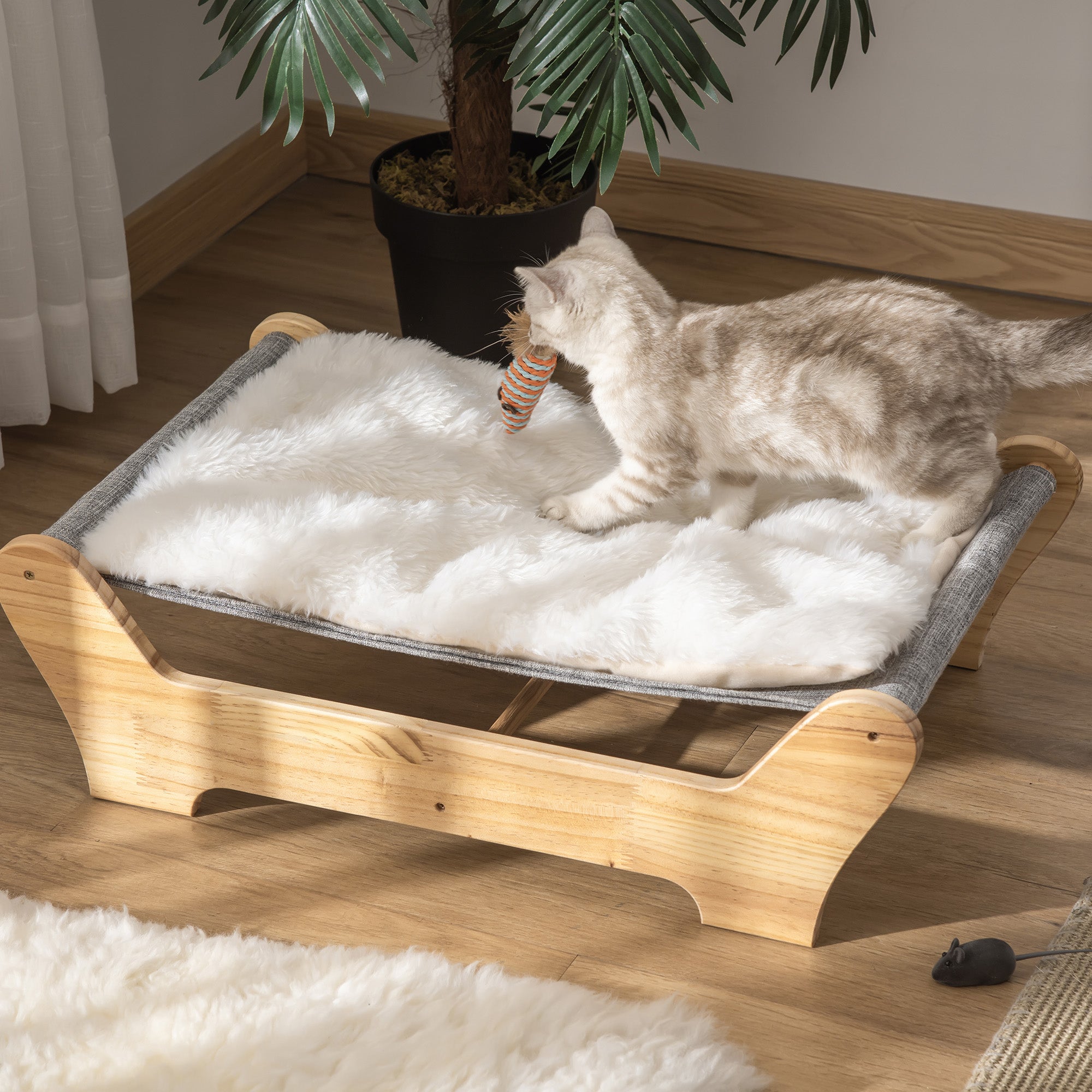 Cat Bed with Frame Hammock for Cats Elevated Cat Nest with Soft Cushion Pine Wood Natural 68 x 43 x 20 cm