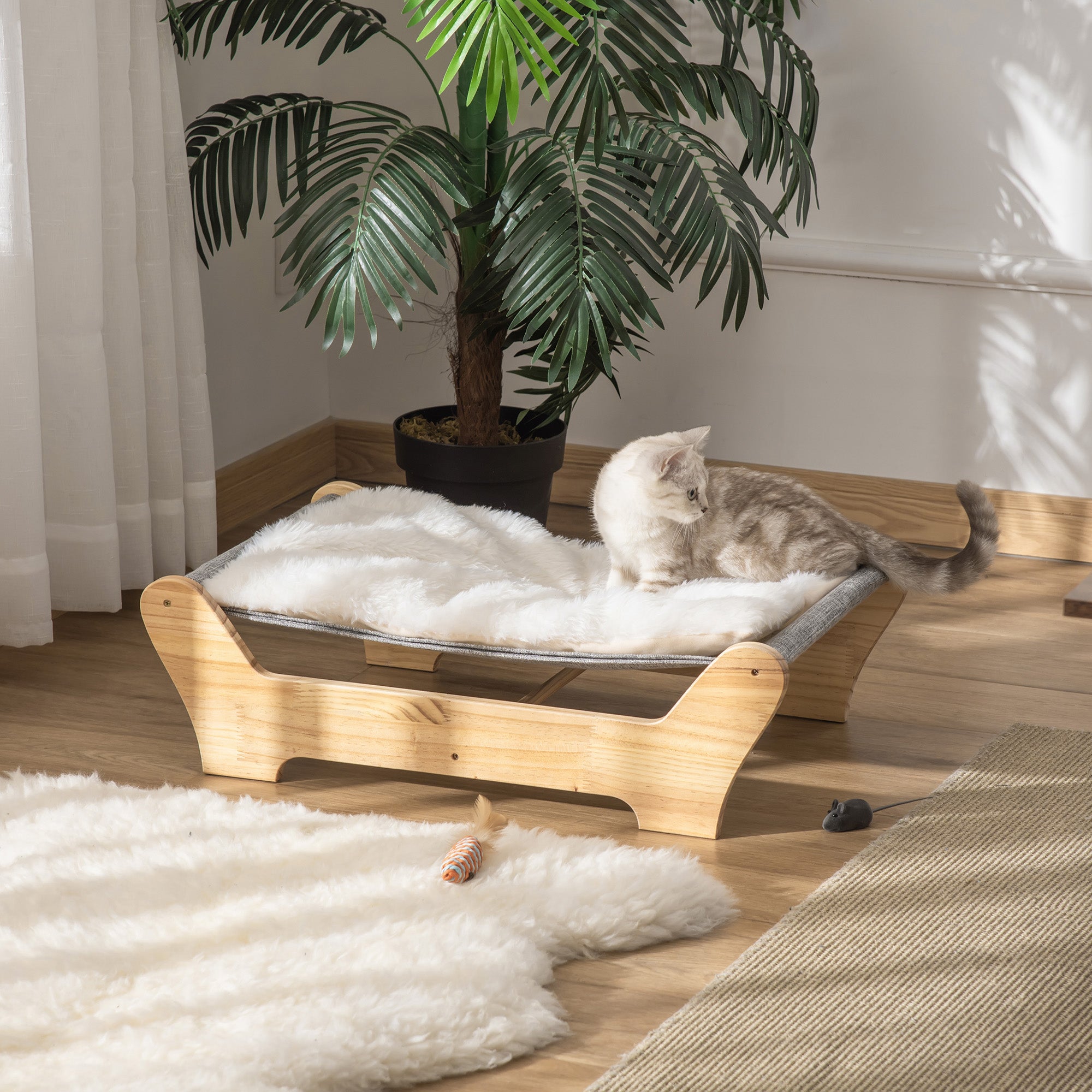 Cat Bed with Frame Hammock for Cats Elevated Cat Nest with Soft Cushion Pine Wood Natural 68 x 43 x 20 cm