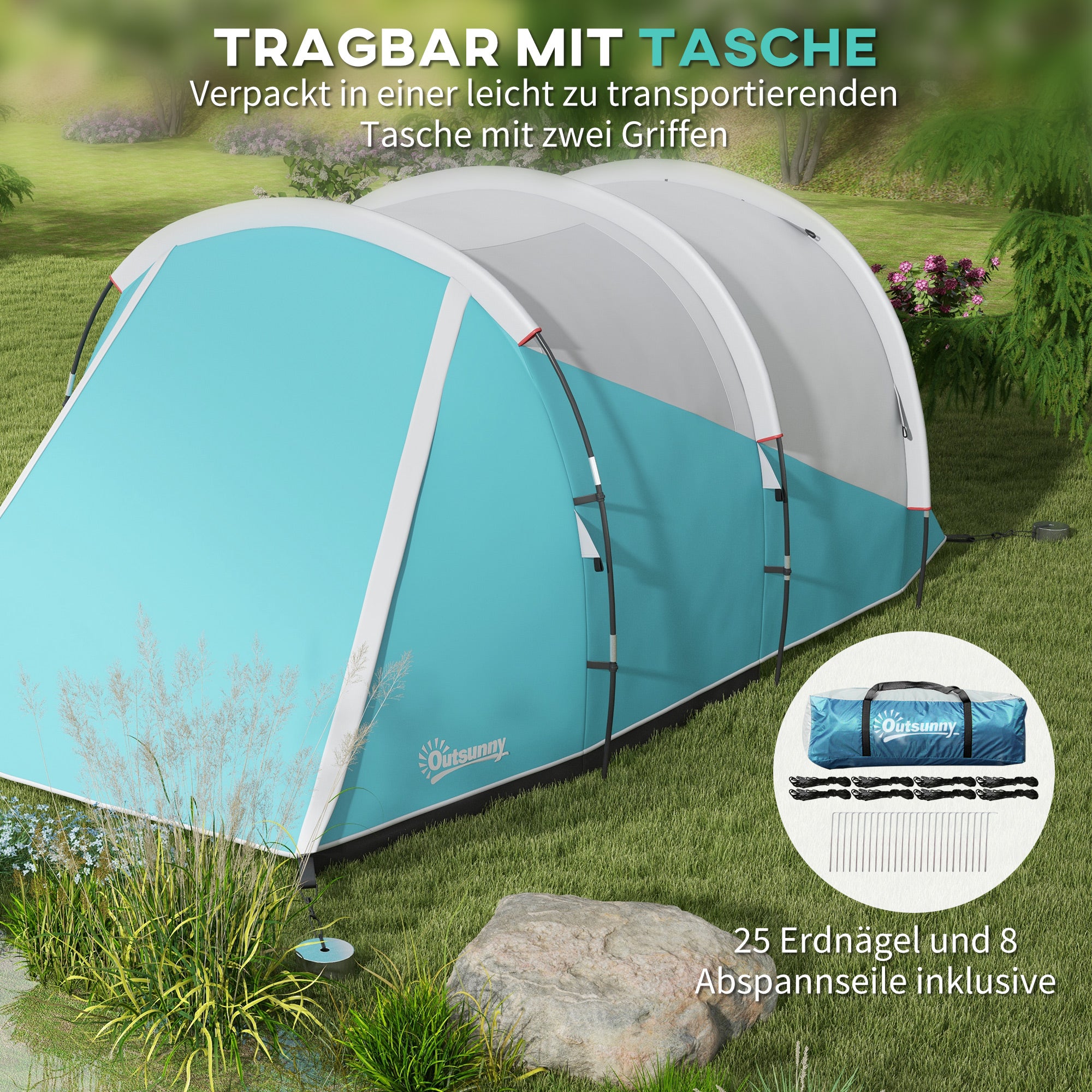 Tunnel Tent, Camping Tent for 5 People, Family Tent with 2 Rooms, Carrying Bag, 3000mm Waterproof Group Tent, for Garden, Campsite, Blue