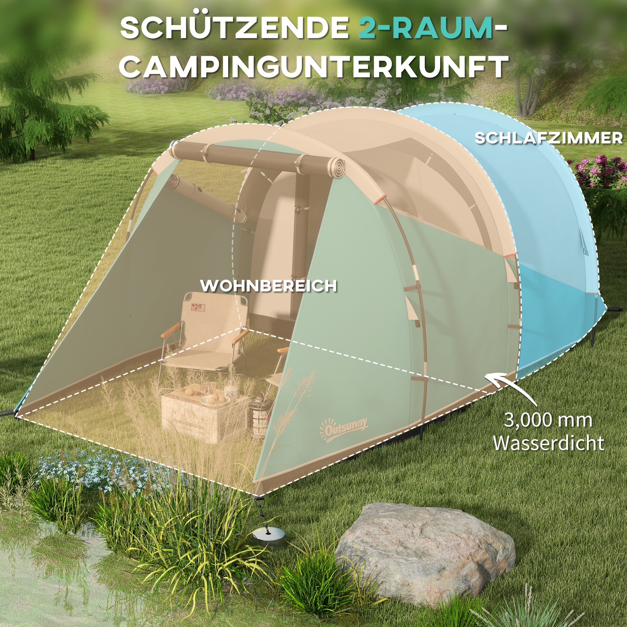Tunnel Tent, Camping Tent for 5 People, Family Tent with 2 Rooms, Carrying Bag, 3000mm Waterproof Group Tent, for Garden, Campsite, Blue