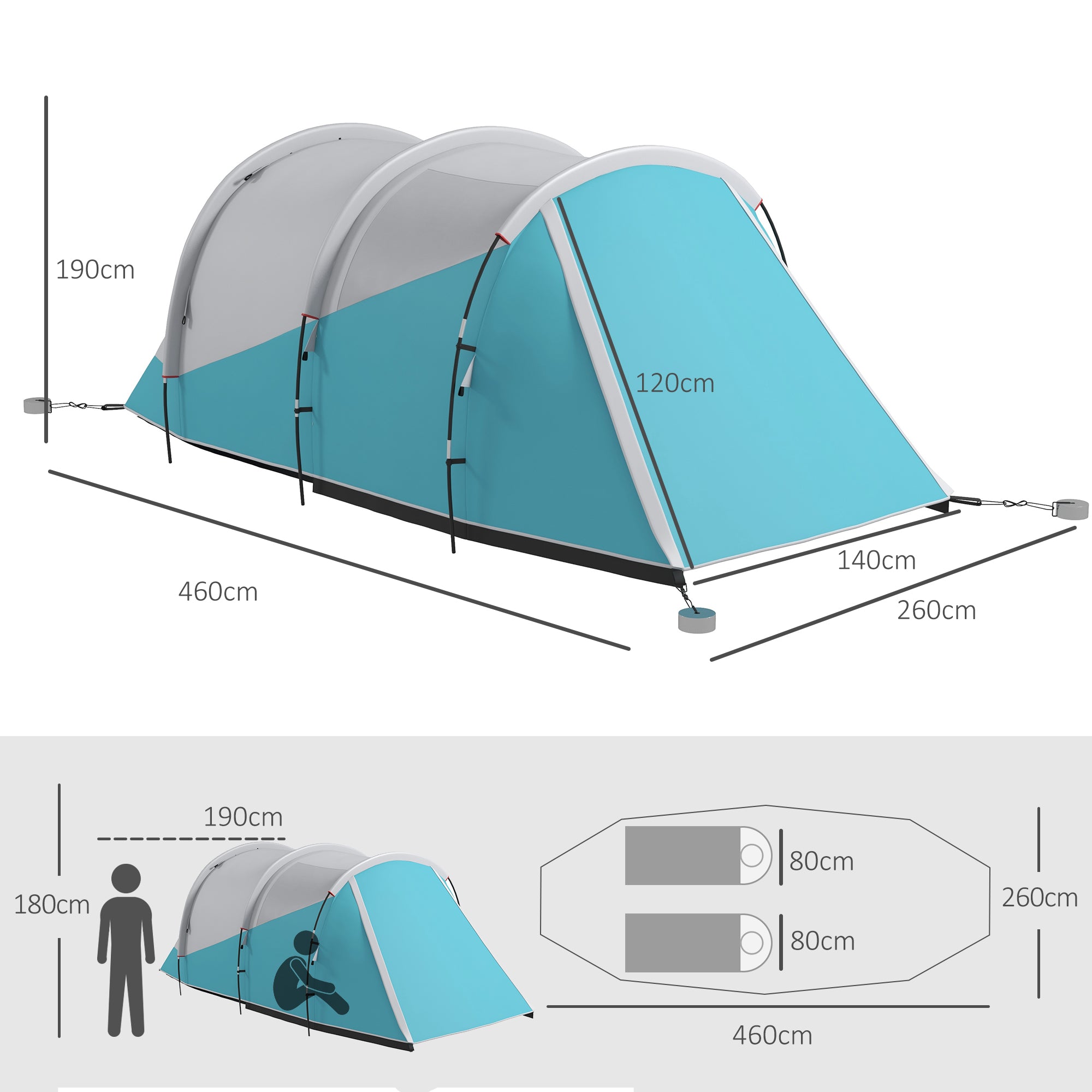 Tunnel Tent, Camping Tent for 5 People, Family Tent with 2 Rooms, Carrying Bag, 3000mm Waterproof Group Tent, for Garden, Campsite, Blue