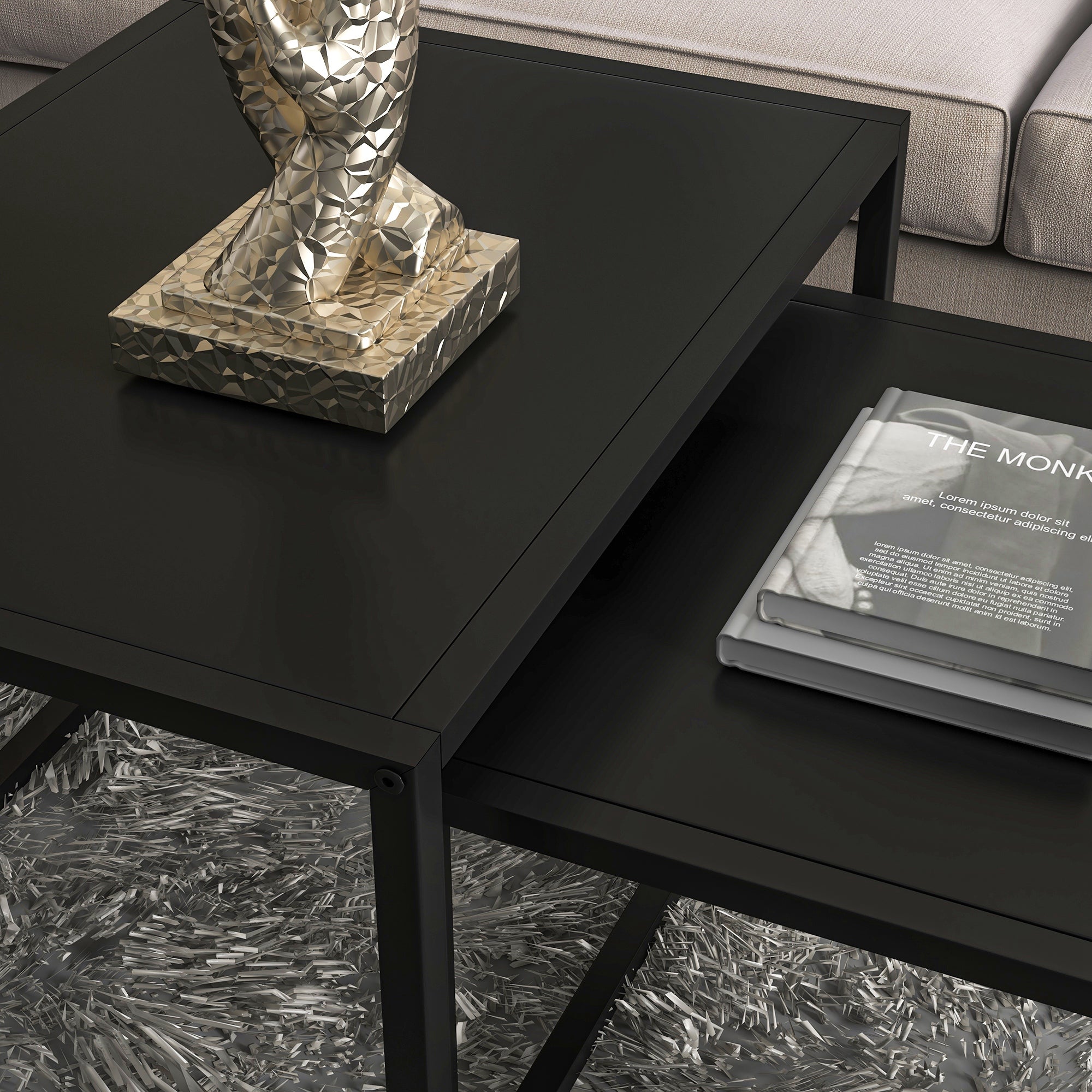 Set of 2 Modifiable Rectangular Nesting Coffee Tables Industrial Style Set of 2 Matte Black Steel Living Room Nesting Tables