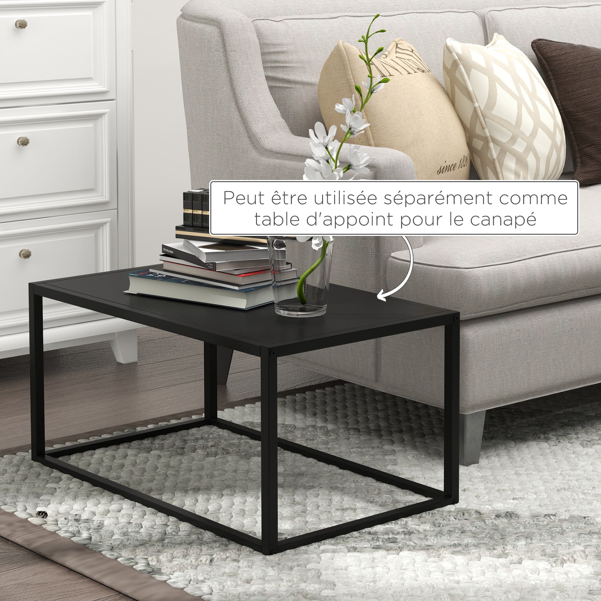 Set of 2 Modifiable Rectangular Nesting Coffee Tables Industrial Style Set of 2 Matte Black Steel Living Room Nesting Tables