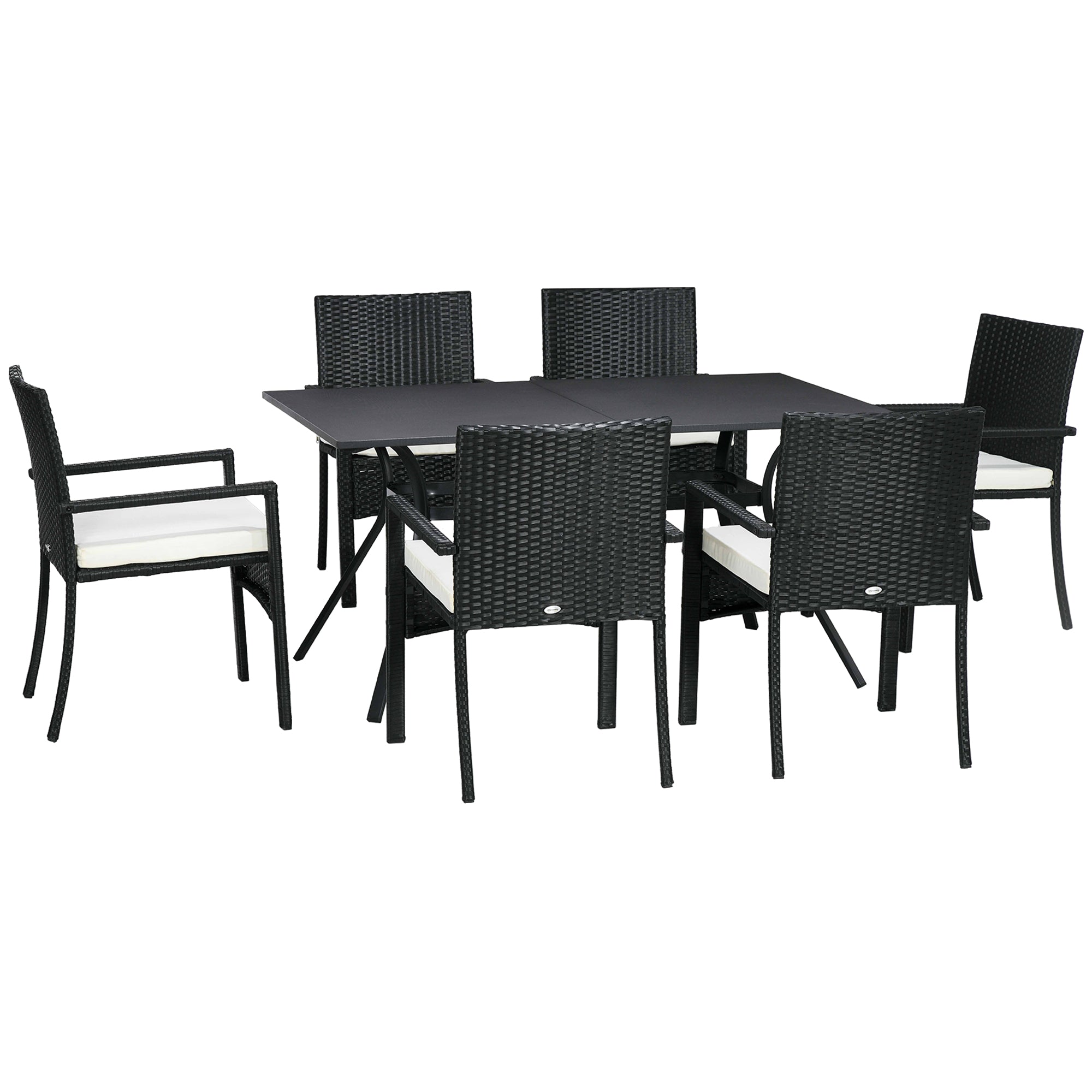 Rattan and Steel Garden Table Set with 7 Pieces, Garden Lounge with 6 Outdoor Armchairs, Washable Cushions and Dining Table, Black