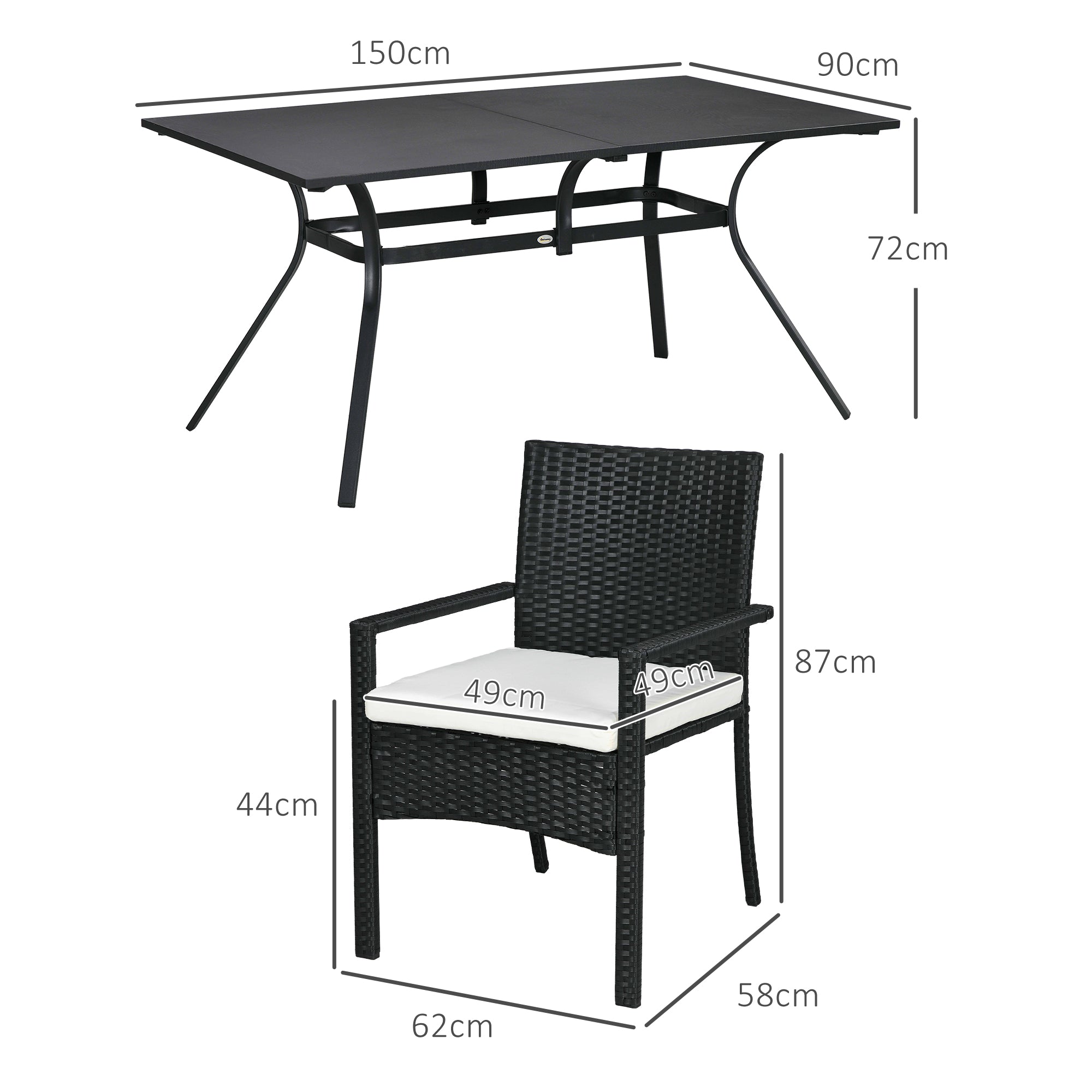 Rattan and Steel Garden Table Set with 7 Pieces, Garden Lounge with 6 Outdoor Armchairs, Washable Cushions and Dining Table, Black